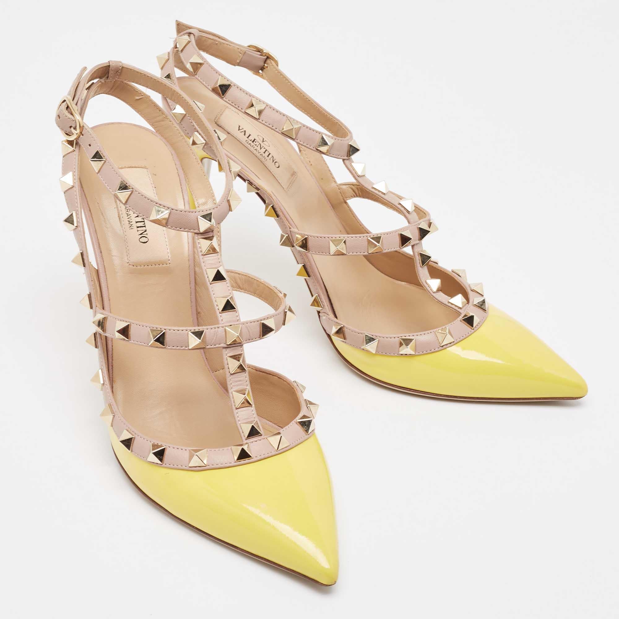 Valentino Yellow/Pink Leather Rockstud Ankle Strap Pumps Size 39.5 For Sale 5