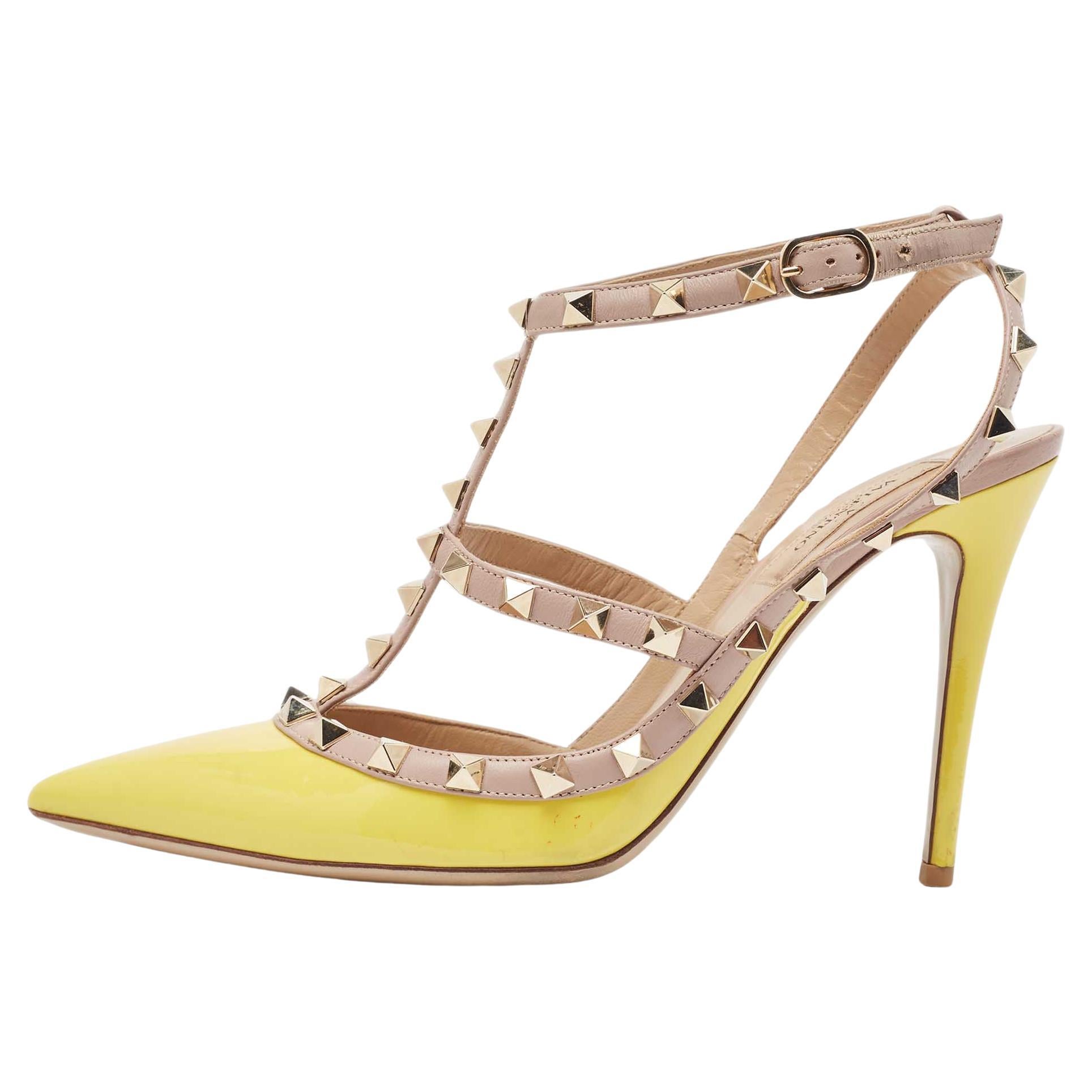 Valentino Yellow/Pink Leather Rockstud Ankle Strap Pumps Size 39.5 For Sale