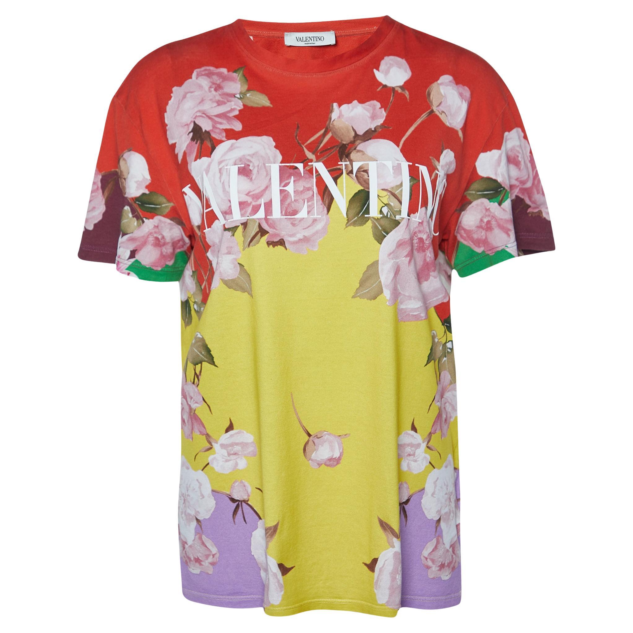 Valentino Yellow/Red Flying Flowers Print Cotton Crew Neck T-Shirt S For Sale