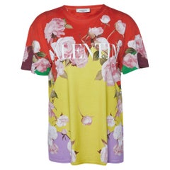 Valentino T-shirt à col ras du cou en coton imprimé fleurs volantes jaune/rouge S