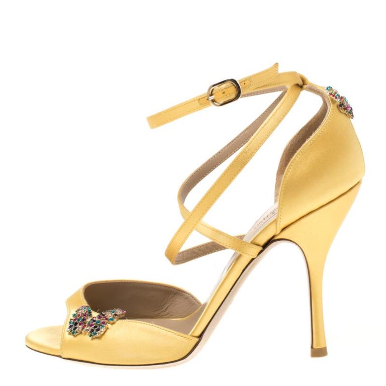 Valentino Yellow Satin Crystal Embellished Butterfly Sandals Size 37.5 ...