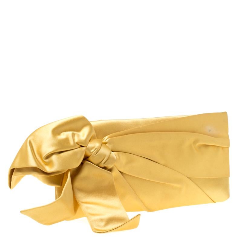 Women's Valentino Yellow Satin Pleated Bow Clutch