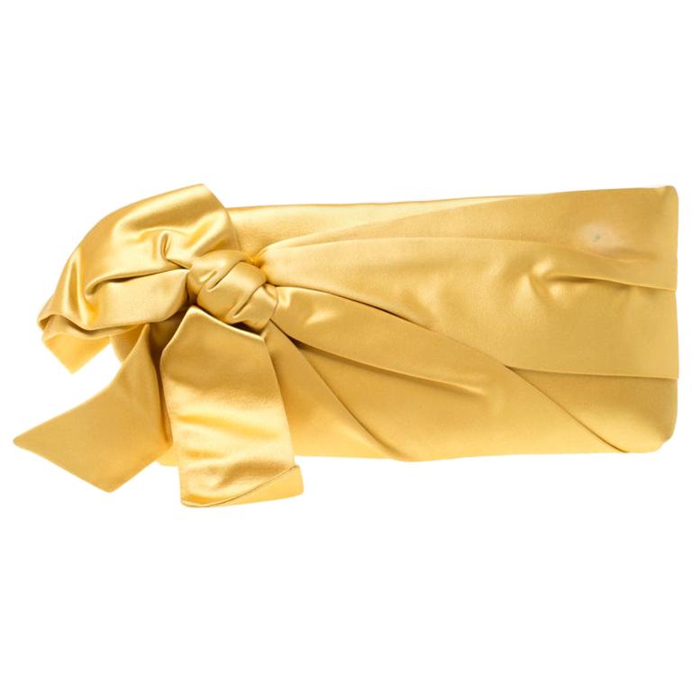 Valentino Yellow Satin Pleated Bow Clutch