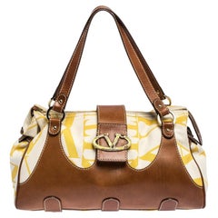 Valentino Yellow/Tan Canvas and Leather V Clasp Catch Satchel