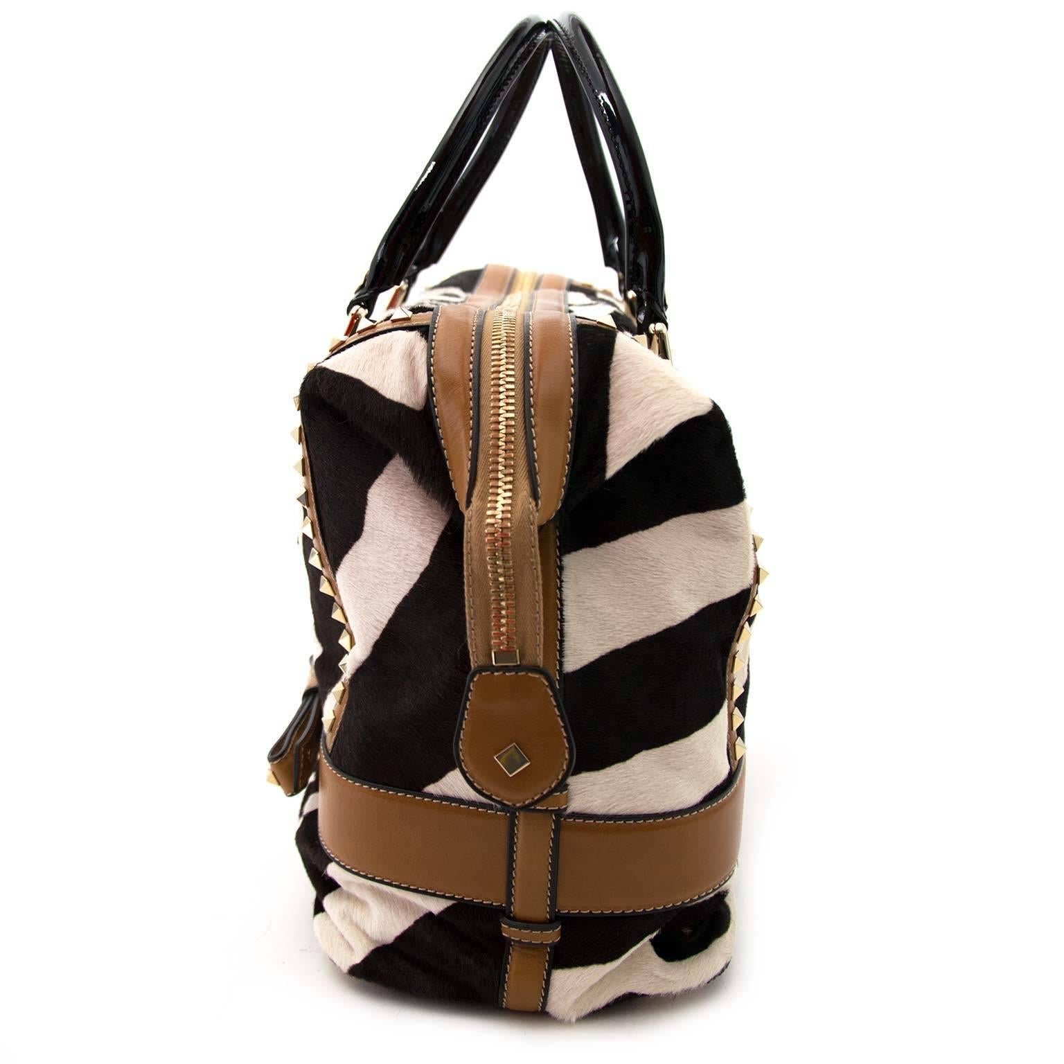 Valentino Zebra Motive Pony Hair Leather Studded Bag In Excellent Condition In Antwerp, BE