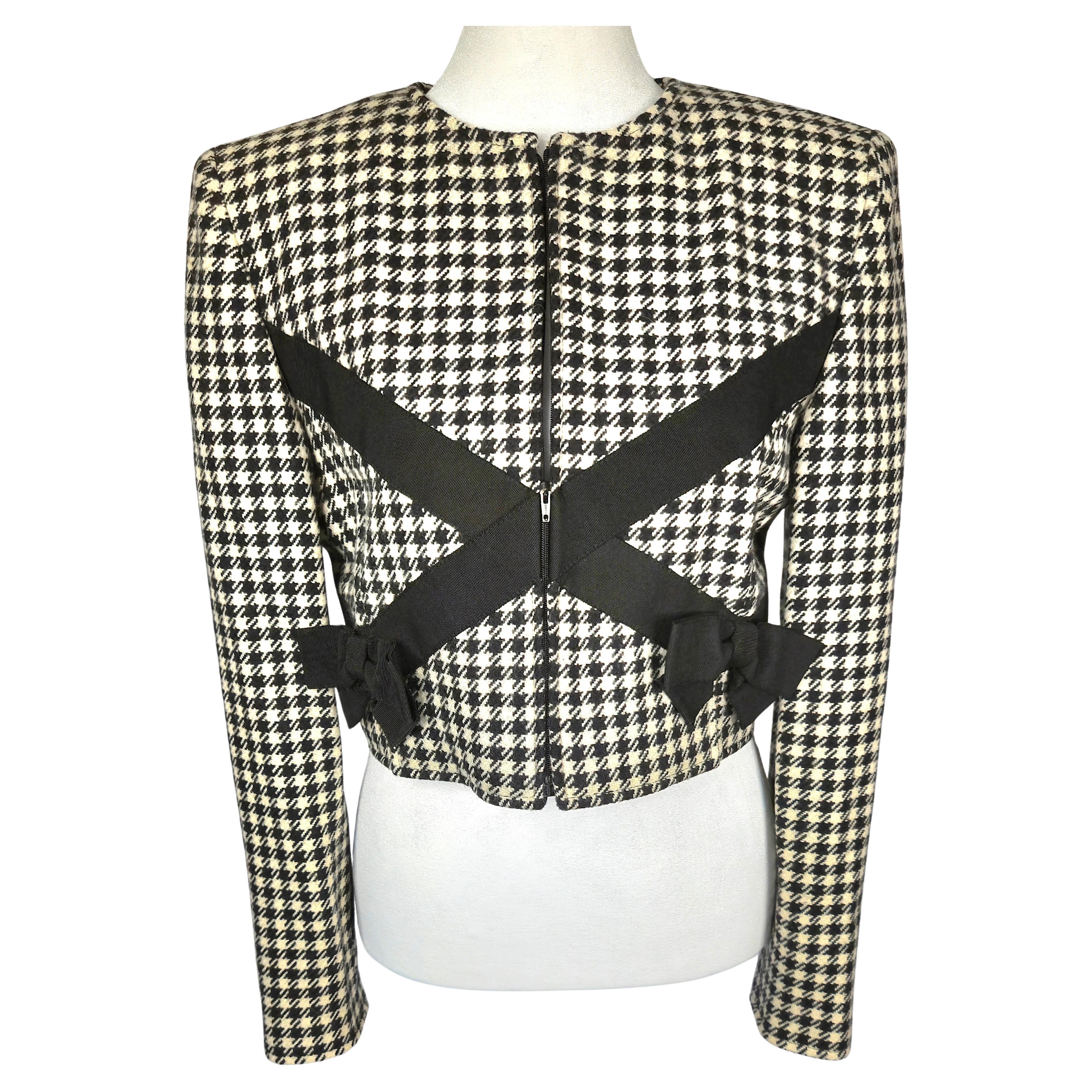 ValentinoBoutique Bow&RibbonAppliquesCutWork HoundstoothWool ZipFront CropJacket