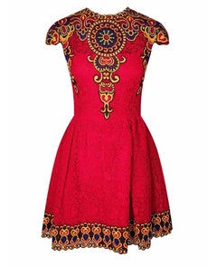VALENTIO COTTON EMBROIDERED LACE FITTED DRESS in RED