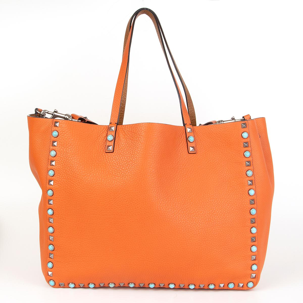 VALENTION orange tan ROLLING ROCKSTUD REVERSIBLE MEDIUM TOTE Bag