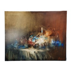 Still life with blue glass jars oil on canvas, contemporary