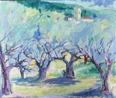 Mediterranean Landscape with Olive Trees and Tower oil on canvas painting