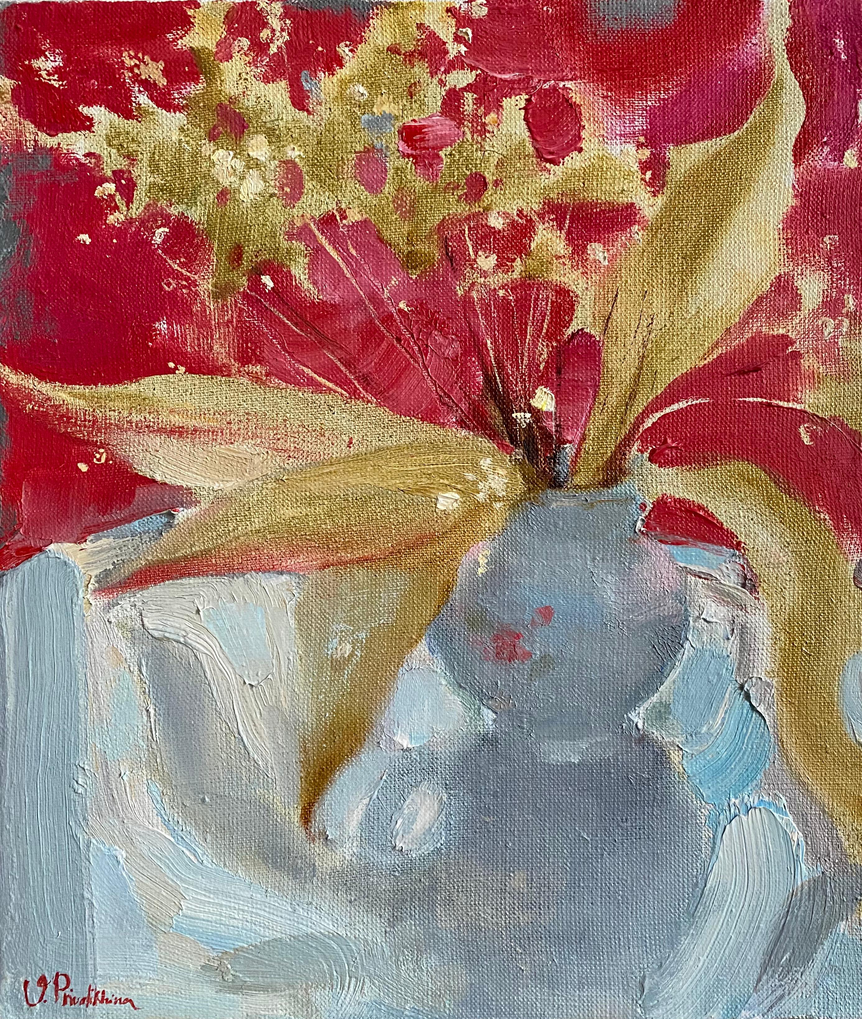 Dried Flowers On Red - 21st Century Impressionist Summer Oil Still Life Painting