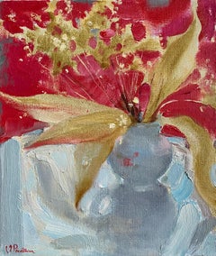 Dried Flowers On Red - 21st Century Impressionist Summer Oil Still Life Painting