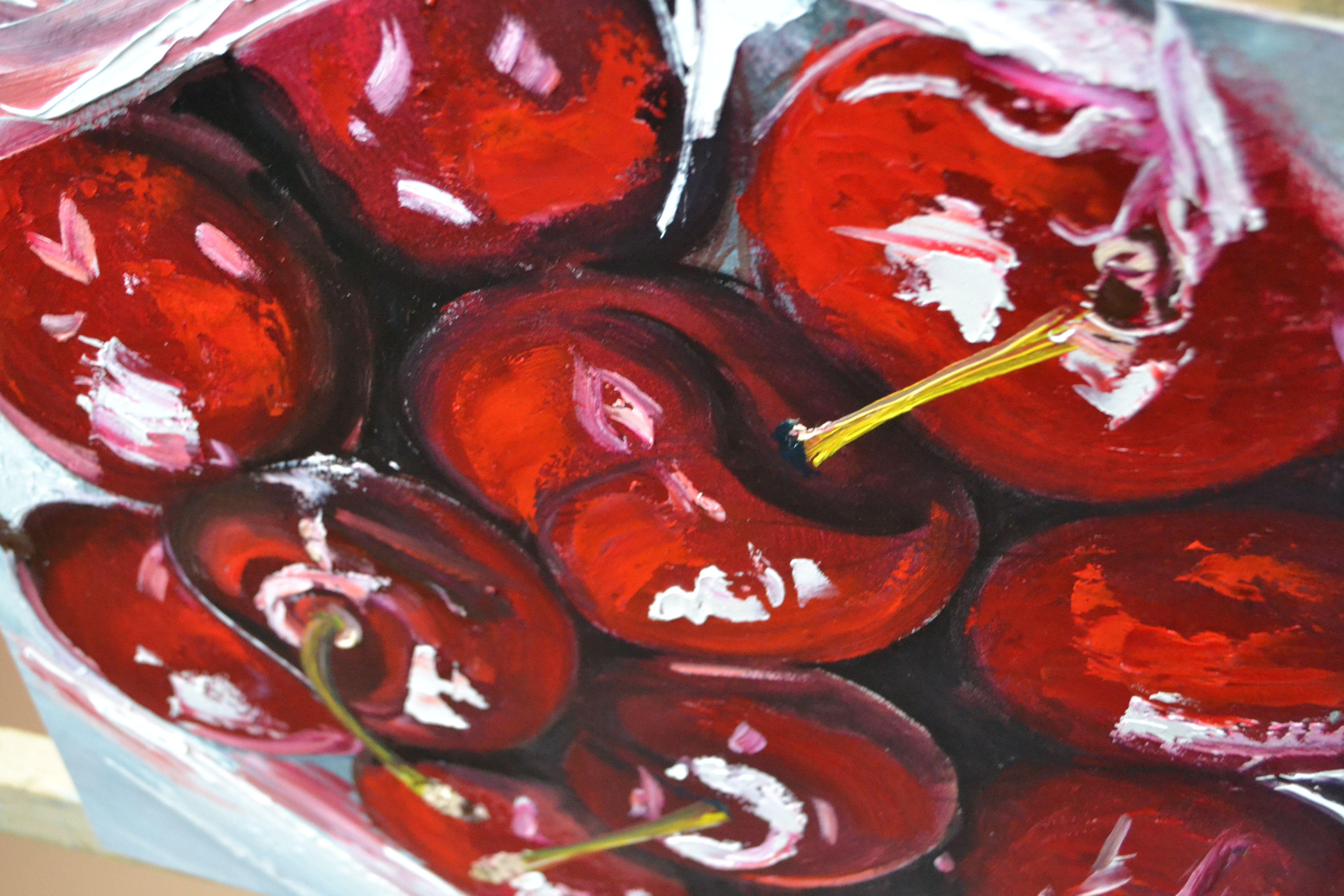 Bright red cherries oil painting. Food, taste, berries.    Oil on a gallery hardboard.    Certificate of Authenticity included.    I use all professional packing materials to make sure your artwork gets to you safely wherever in the world you may