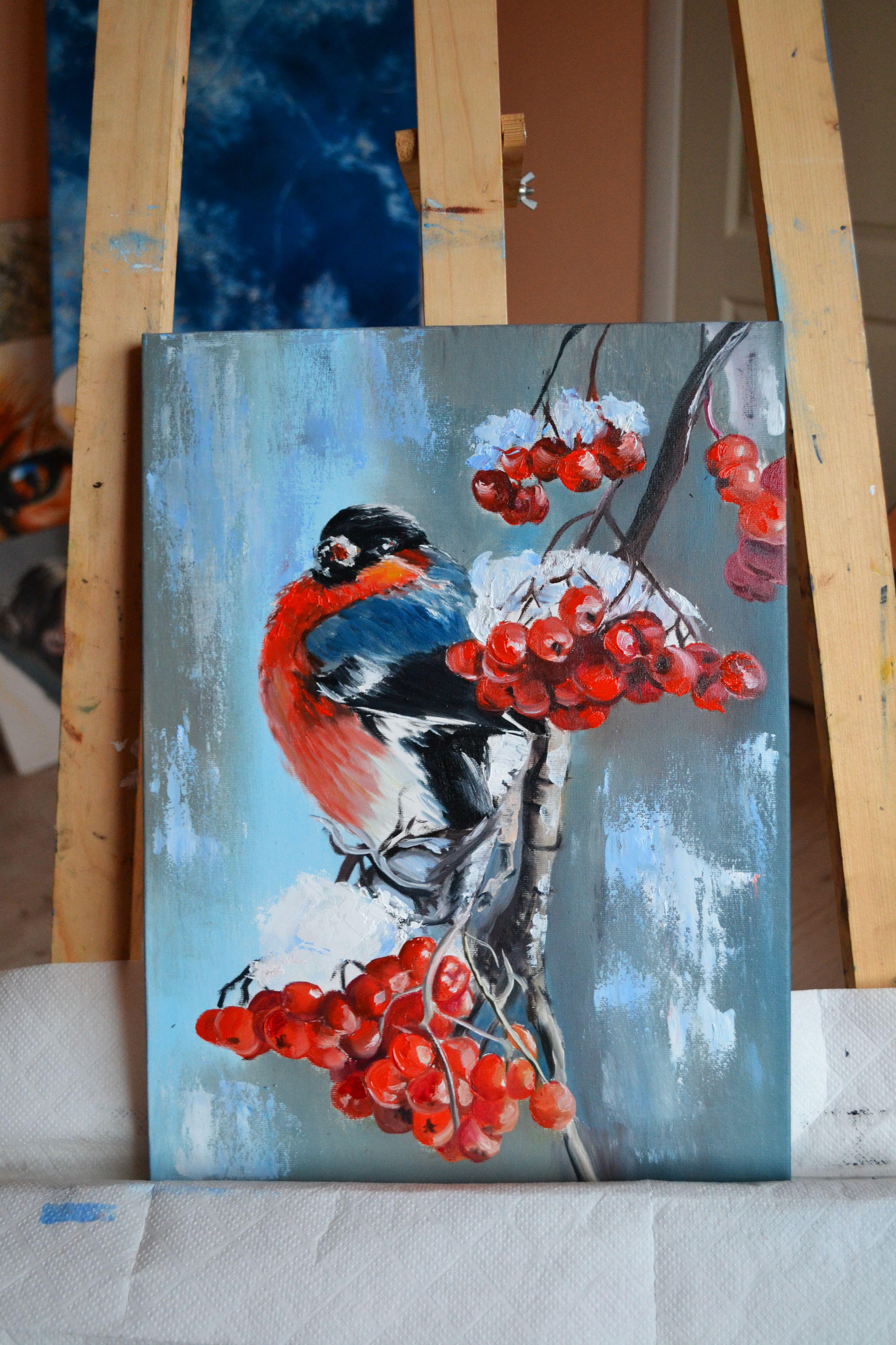 Bullfinch on a rowan branch, Painting, Oil on Canvas For Sale 1
