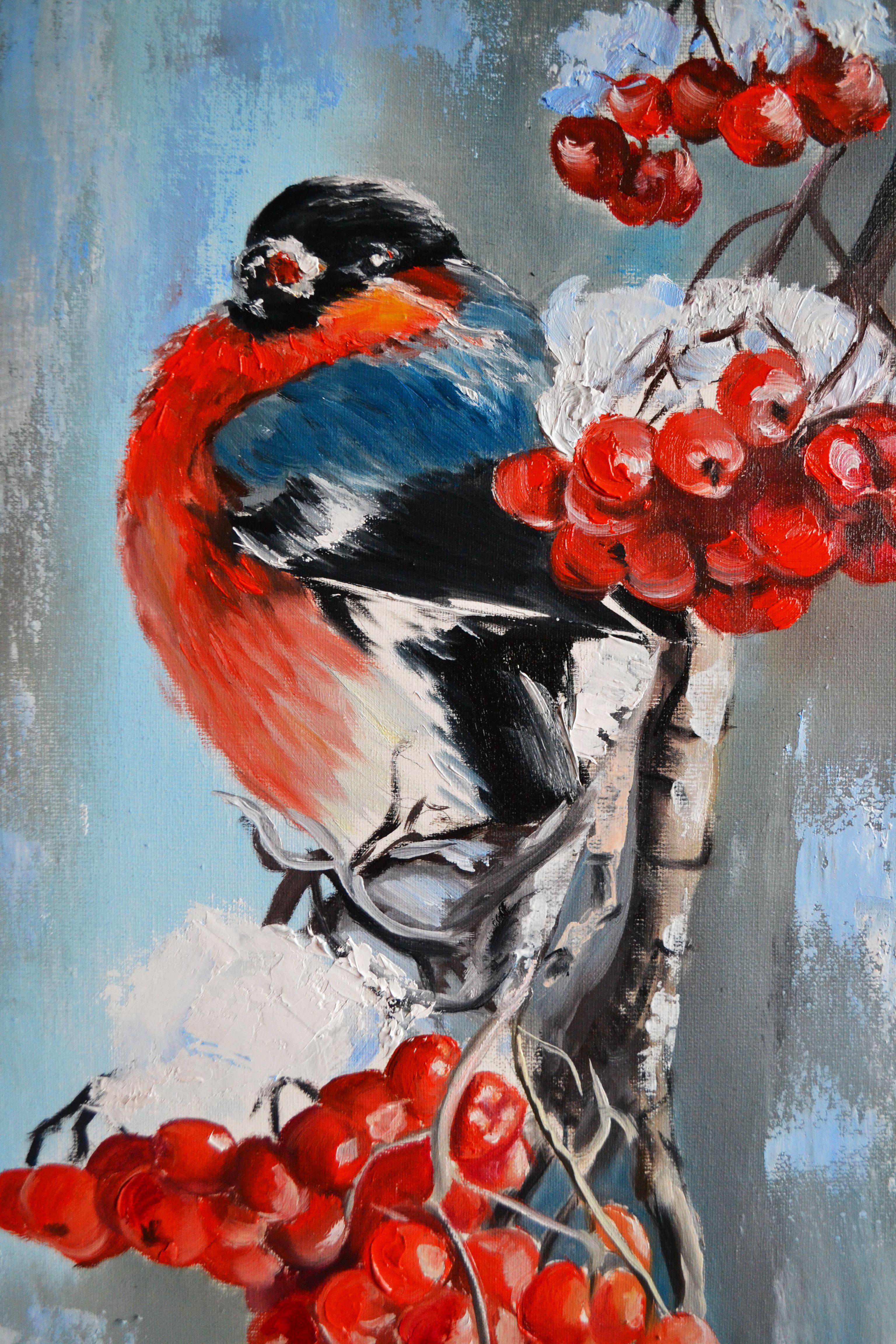 Peinture - Bullfinch on a rowan branch, huile sur toile en vente 2