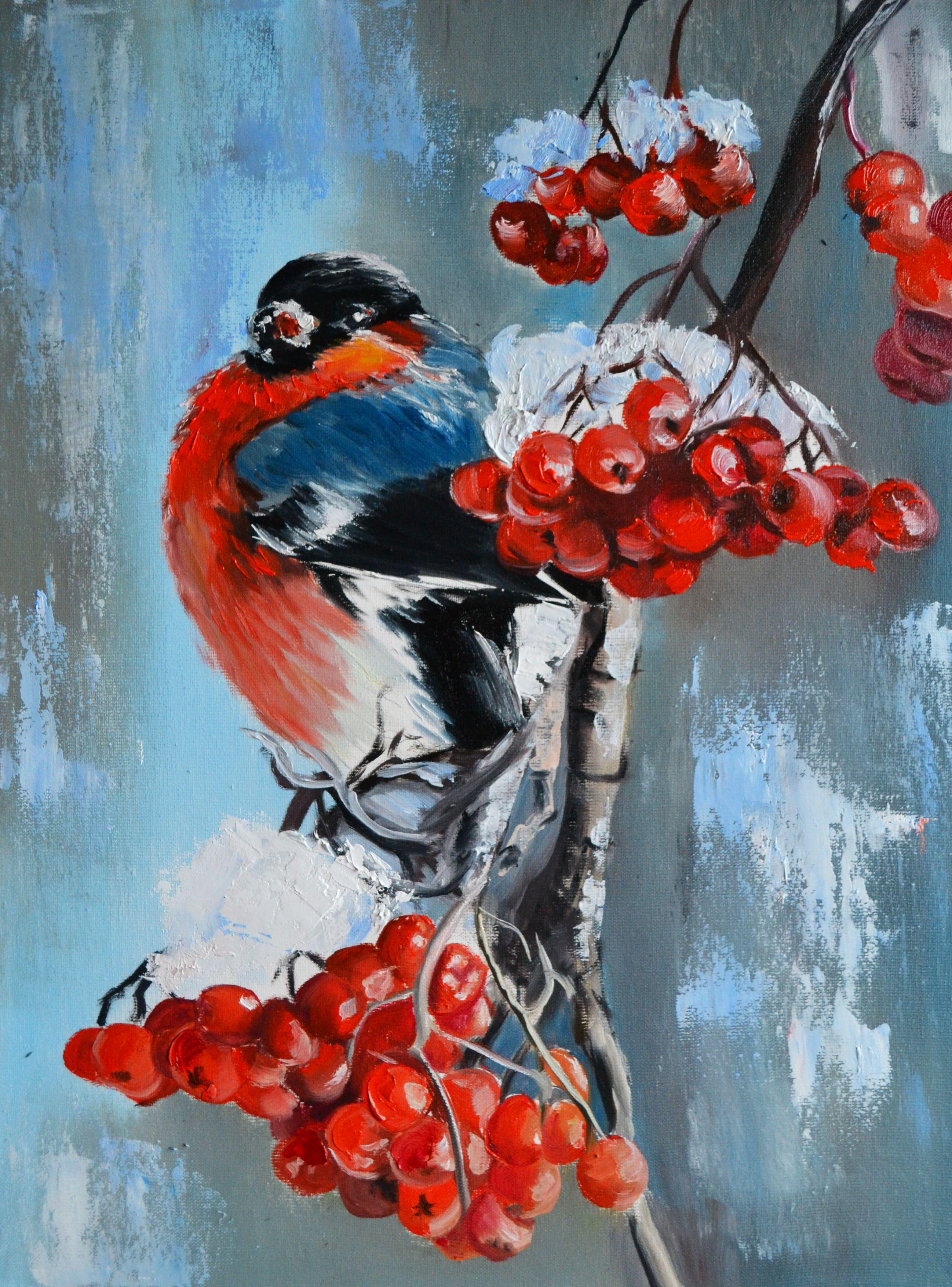 Peinture - Bullfinch on a rowan branch, huile sur toile - Painting de Valeria Radzievska