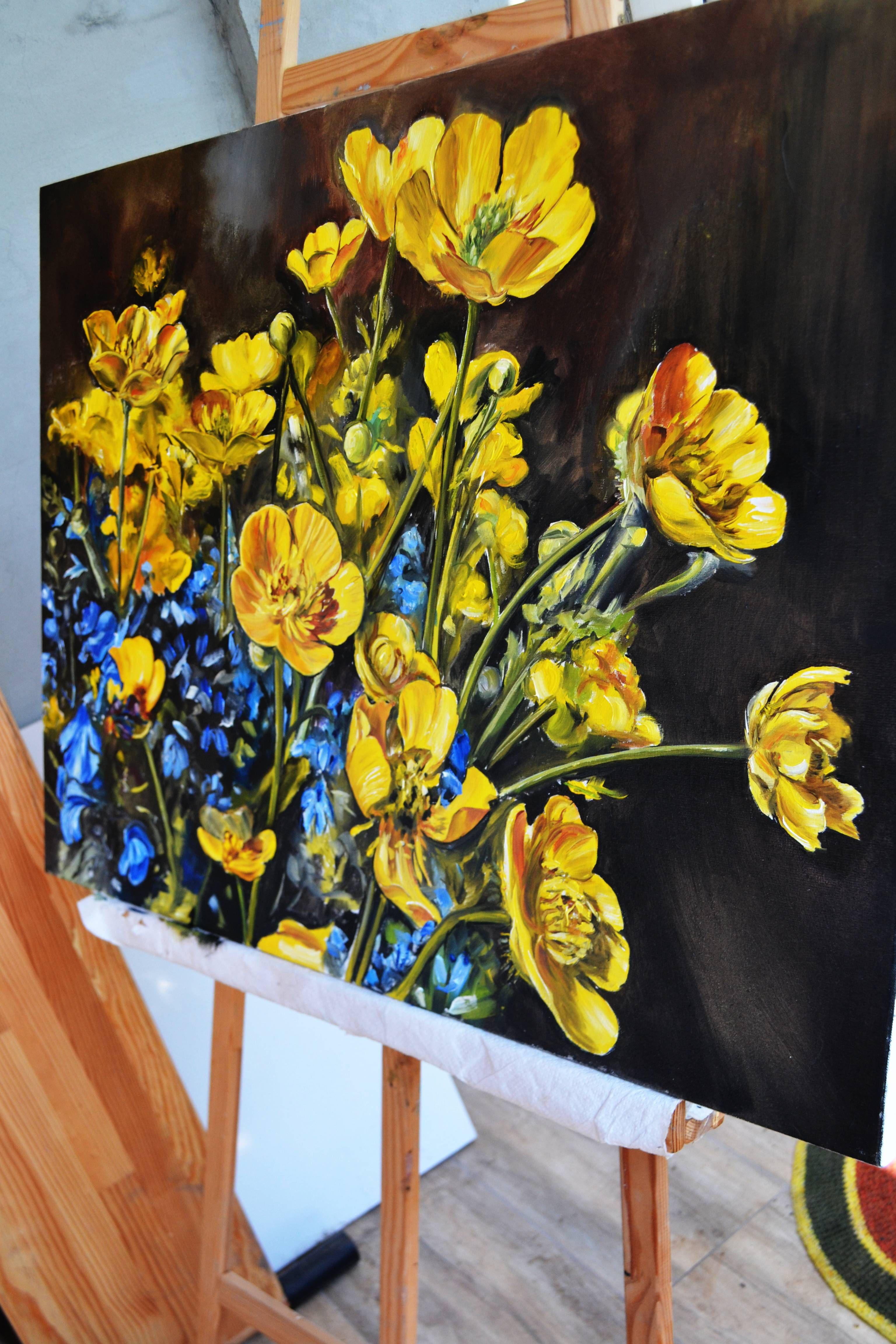 Butterkrug-Blumen, Gemälde, Öl auf Leinwand im Angebot 1