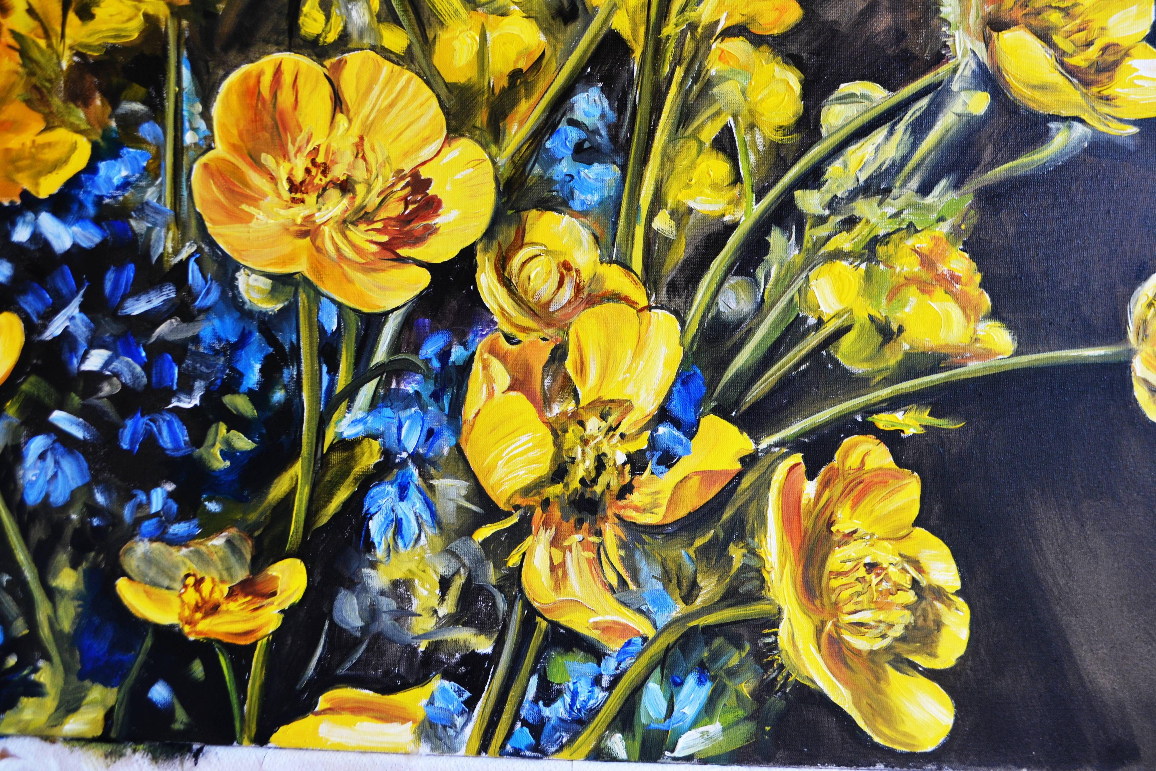 Butterkrug-Blumen, Gemälde, Öl auf Leinwand im Angebot 2