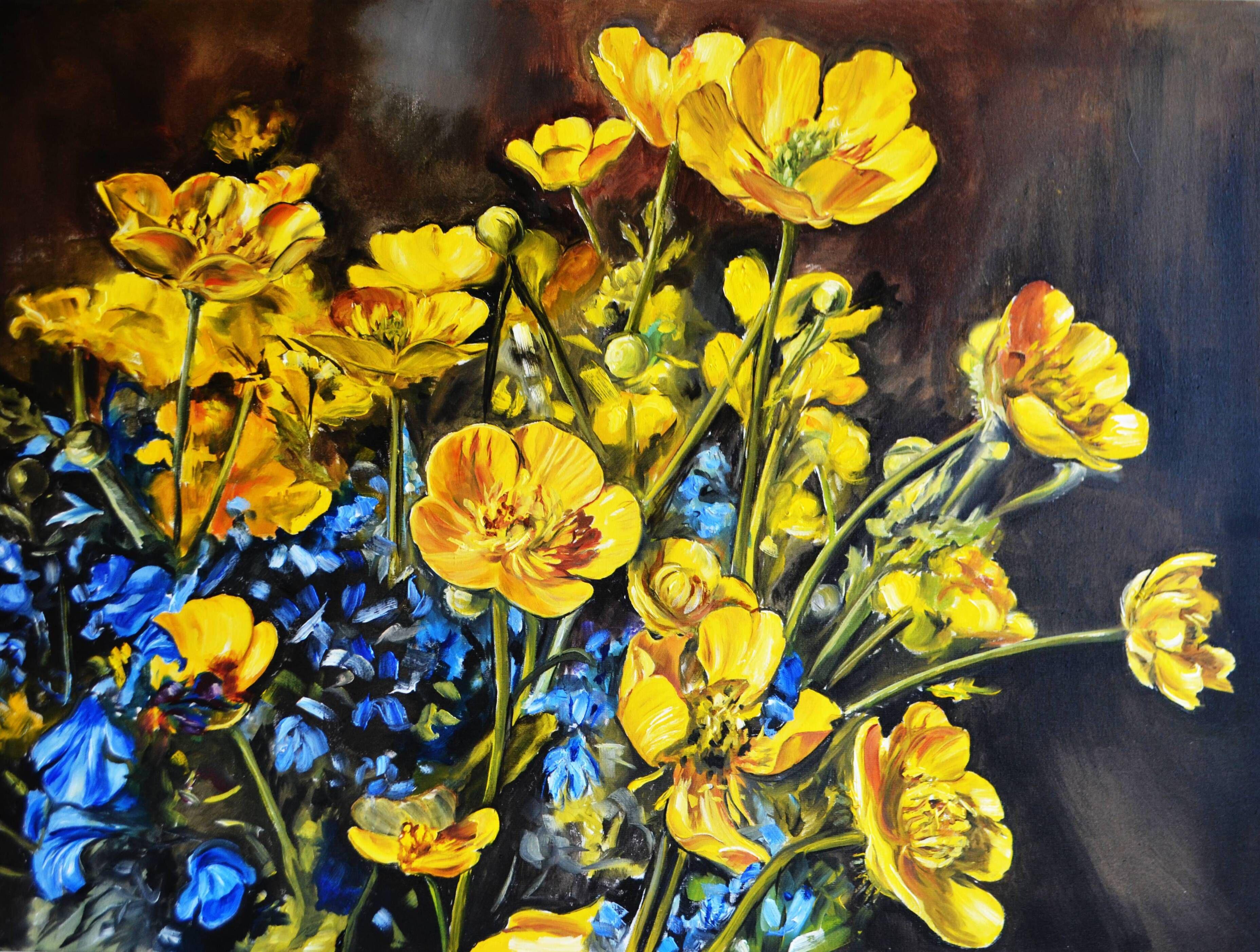 Butterkrug-Blumen, Gemälde, Öl auf Leinwand