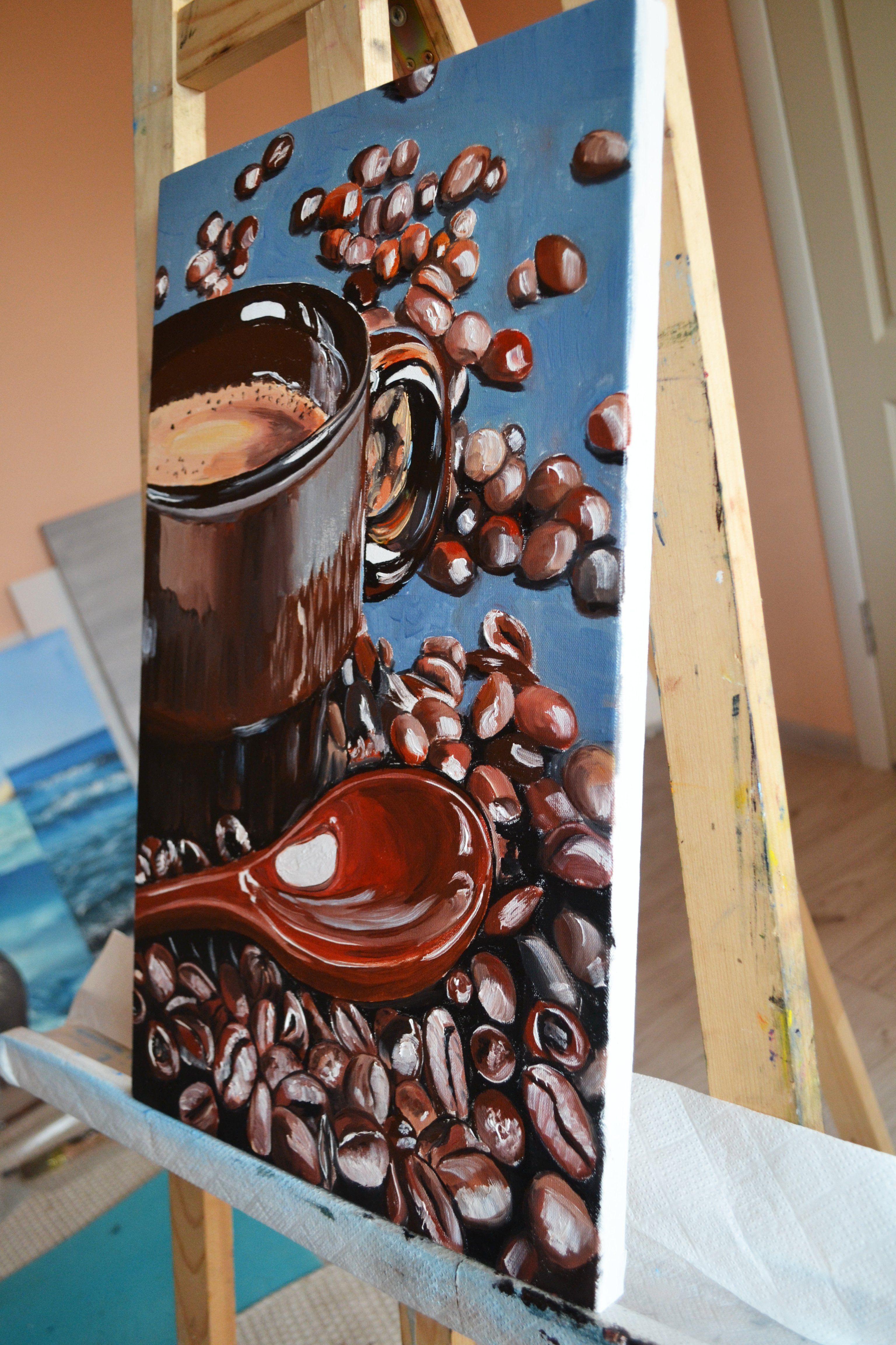 Still life with a painting of a cup of coffee and a spoon with coffee beans on the table. Bright brown and chocolate colors adjust the taste of coffee, cappuccino, espresso, hot chocolate - all that makes cozy autumn mornings and evenings. The