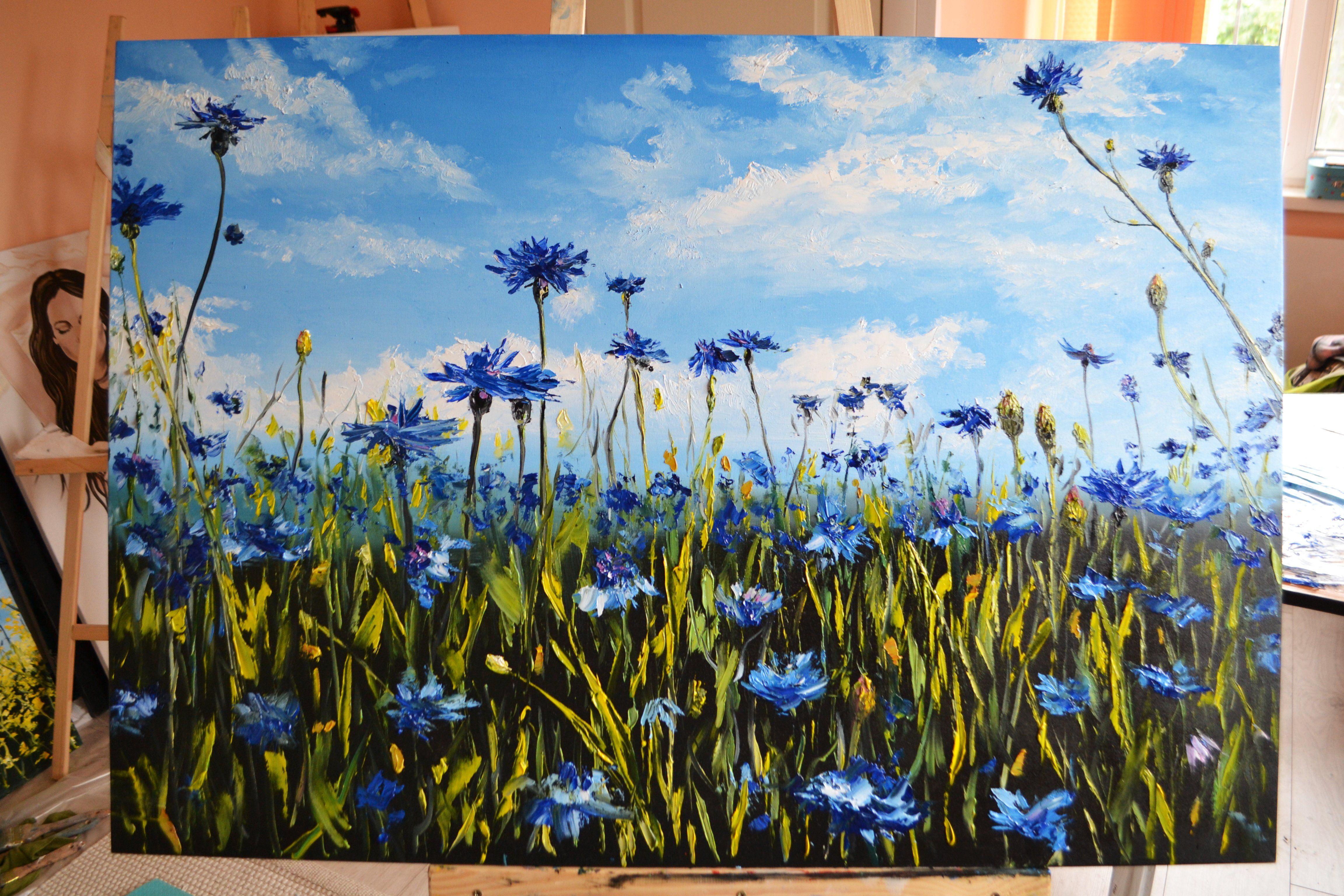 Kornblumenfeld, Gemälde, Öl auf Leinwand im Angebot 1