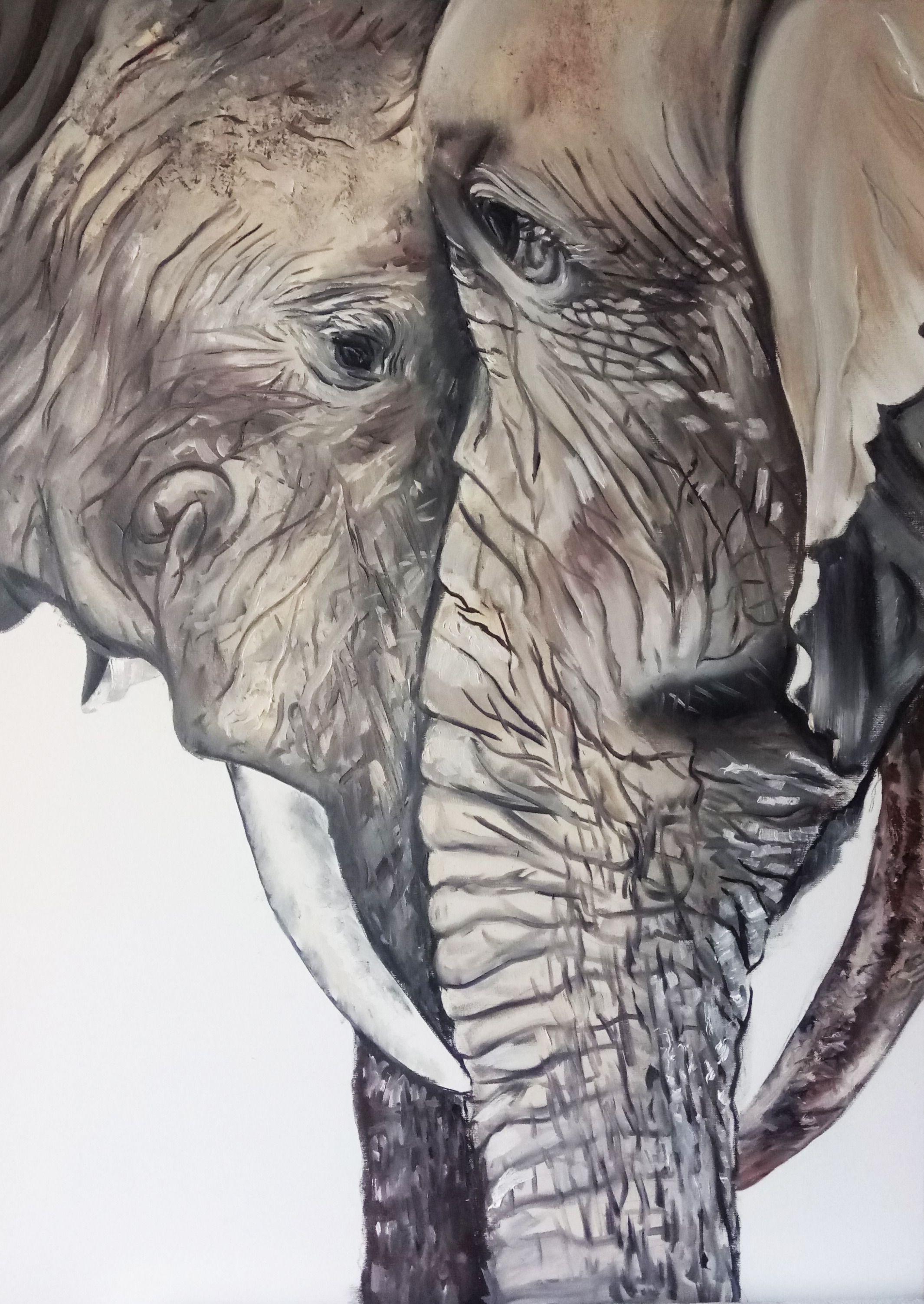 Éléphants, peinture, huile sur toile - Painting de Valeria Radzievska