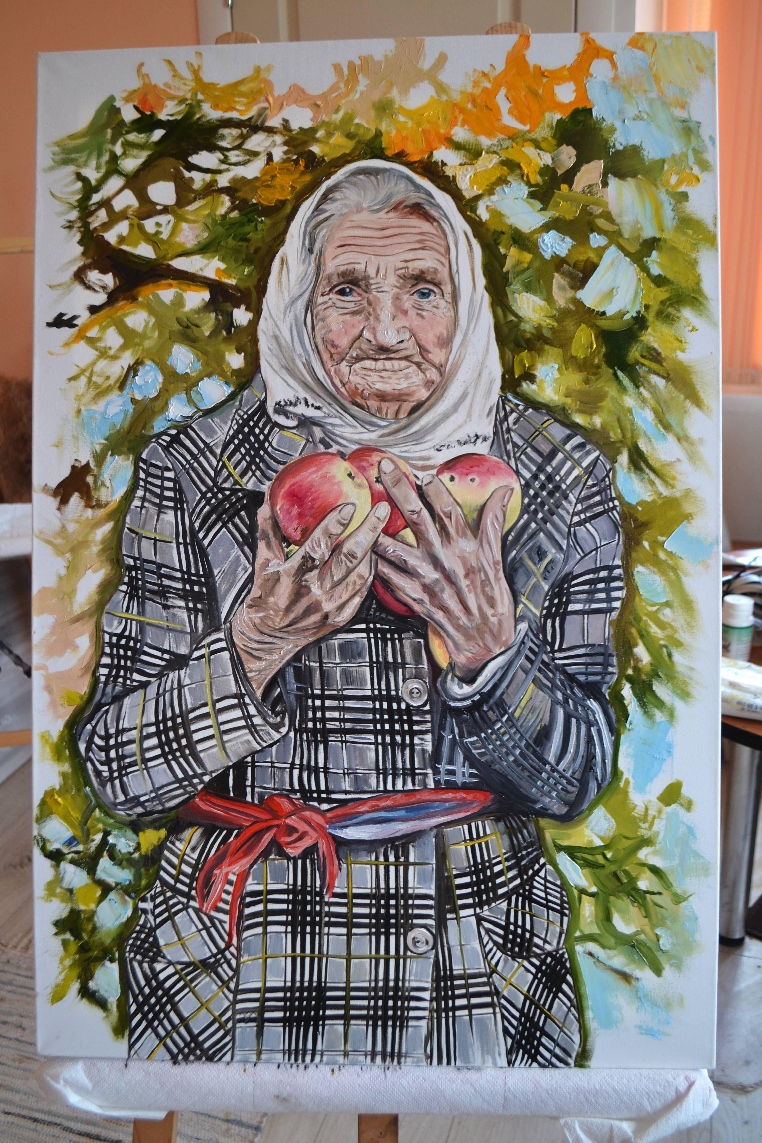 Grandma's Apples, Painting, Oil on Canvas For Sale 4