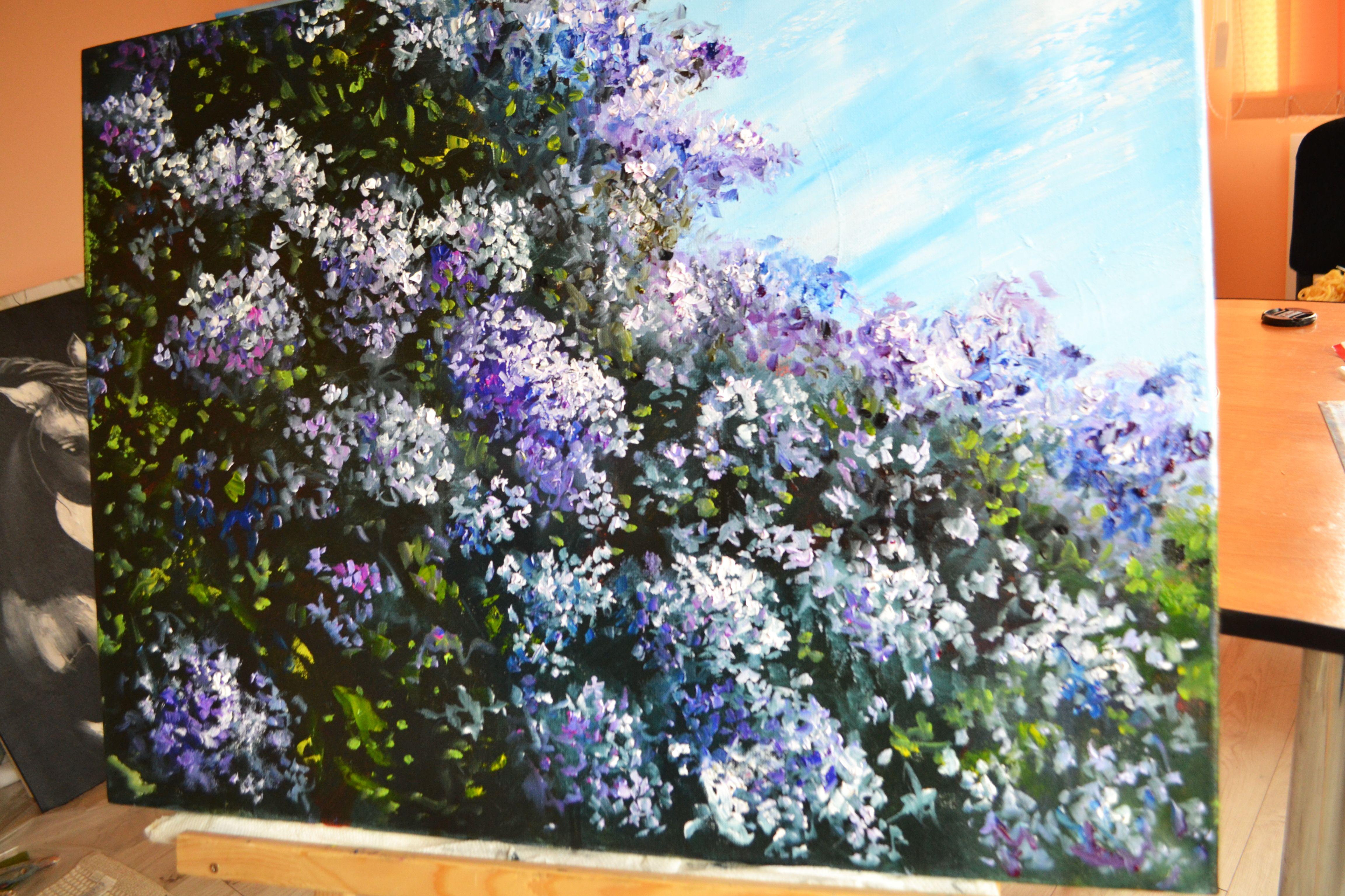 Jardin des lilas, peinture, huile sur toile en vente 1