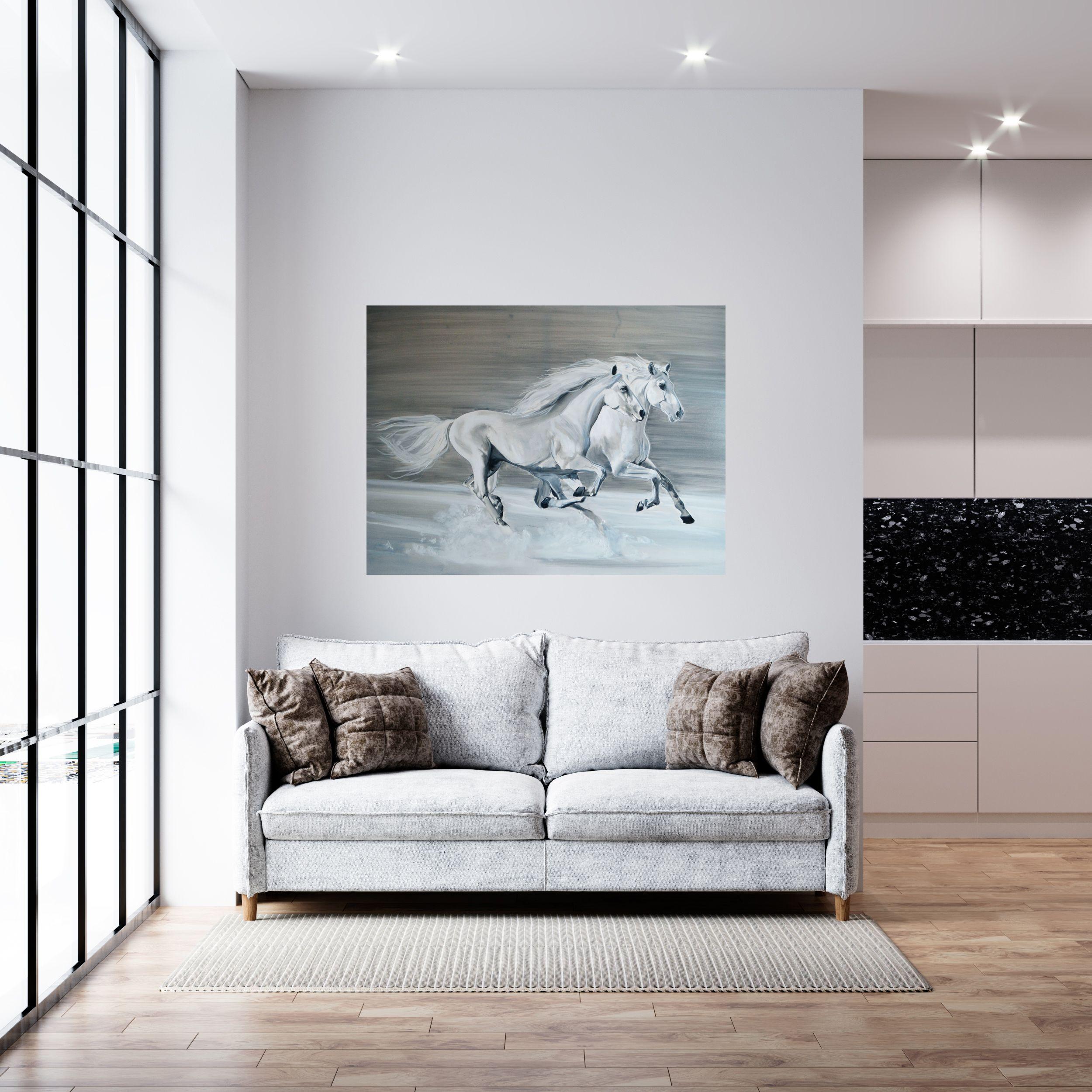 Magic White: Two Horses, Gemälde, Öl auf Leinwand (Realismus), Painting, von Valeria Radzievska