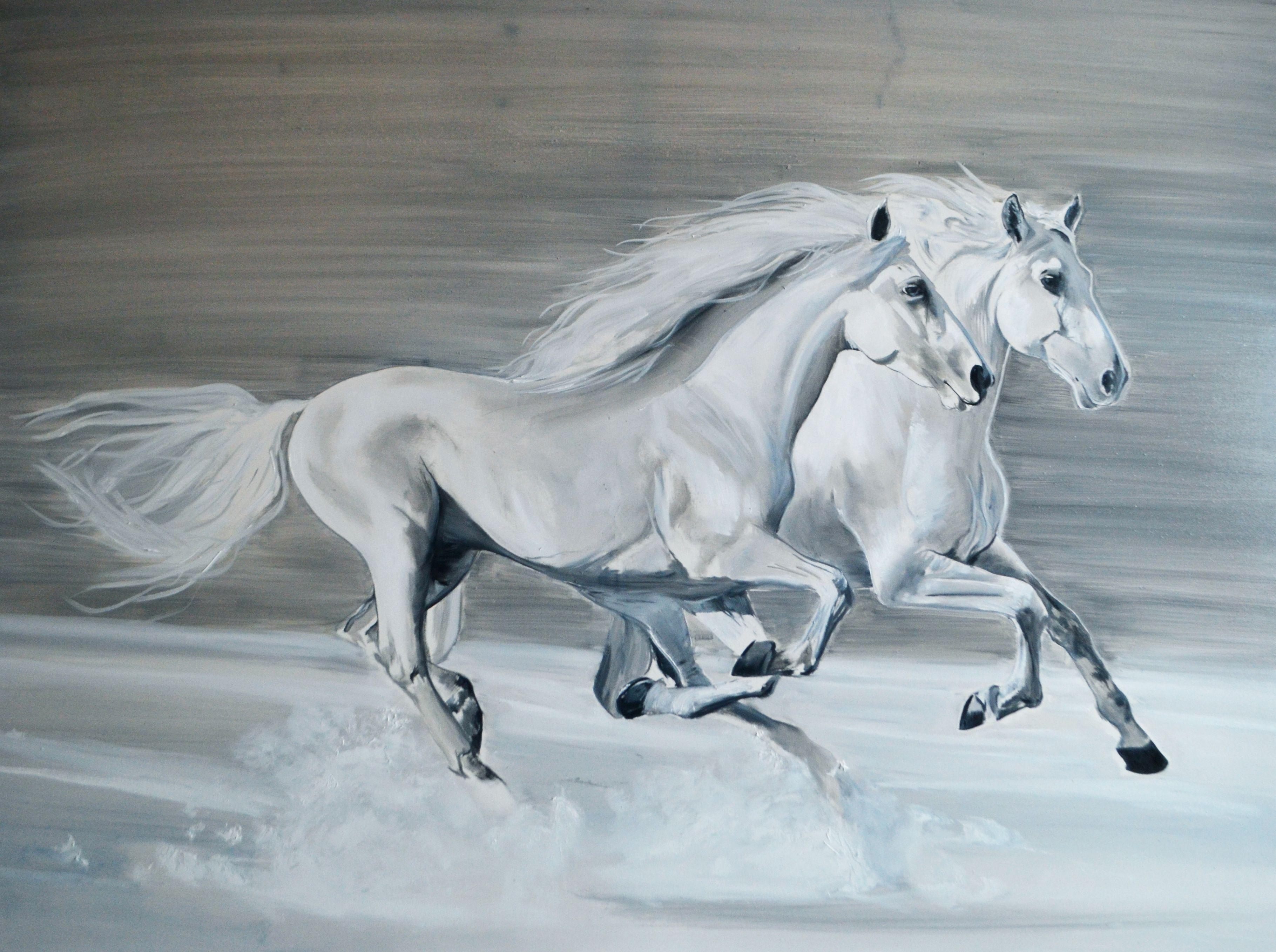 Magic White: Two Horses, Gemälde, Öl auf Leinwand