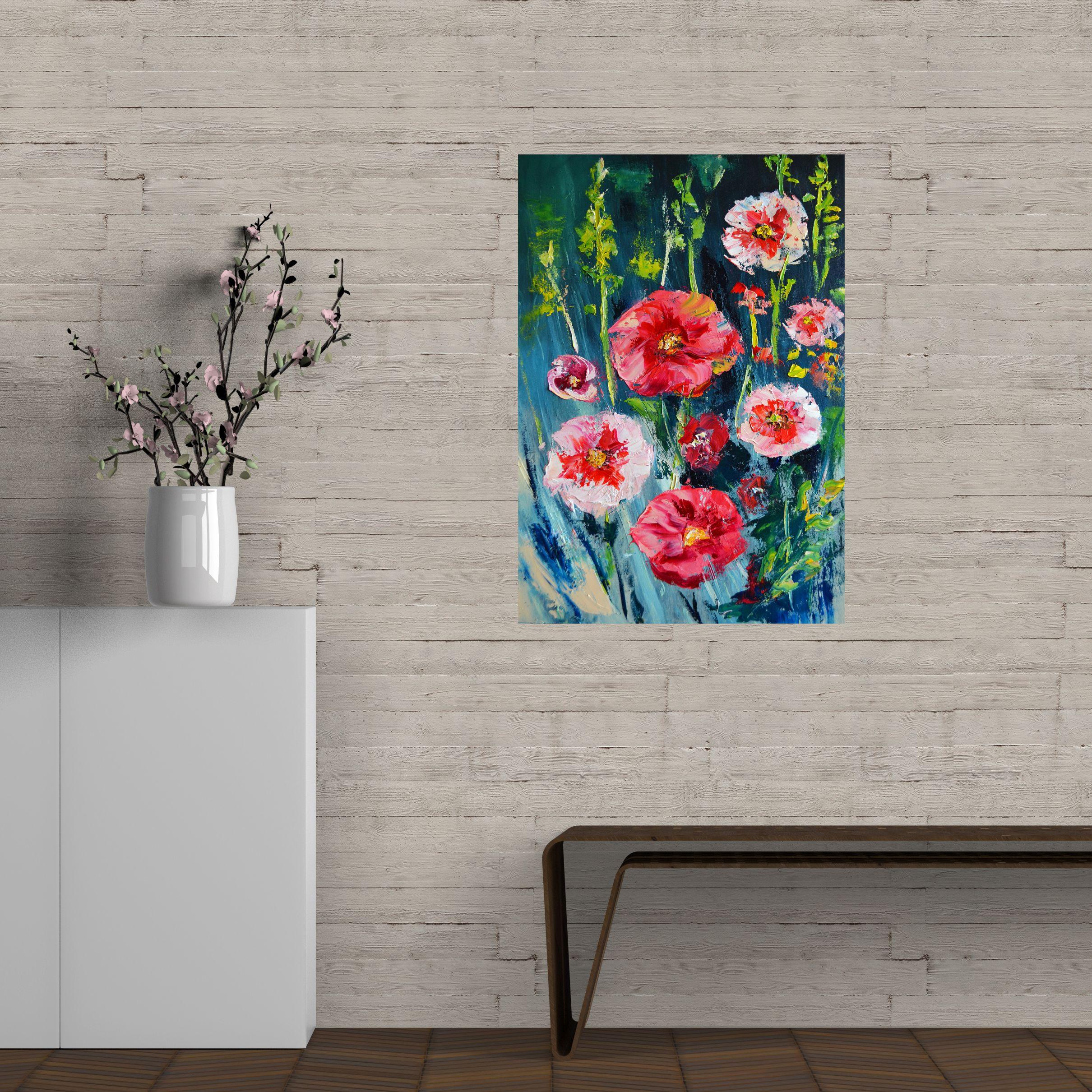 Bright mallows, painted in the technique of impasto. Red, pink, purple - all fiery colors give the picture a special energy. Large bright flowers will give your home a drive and warmth.    Side's/ edges of canvas are painted.    Oil on a gallery