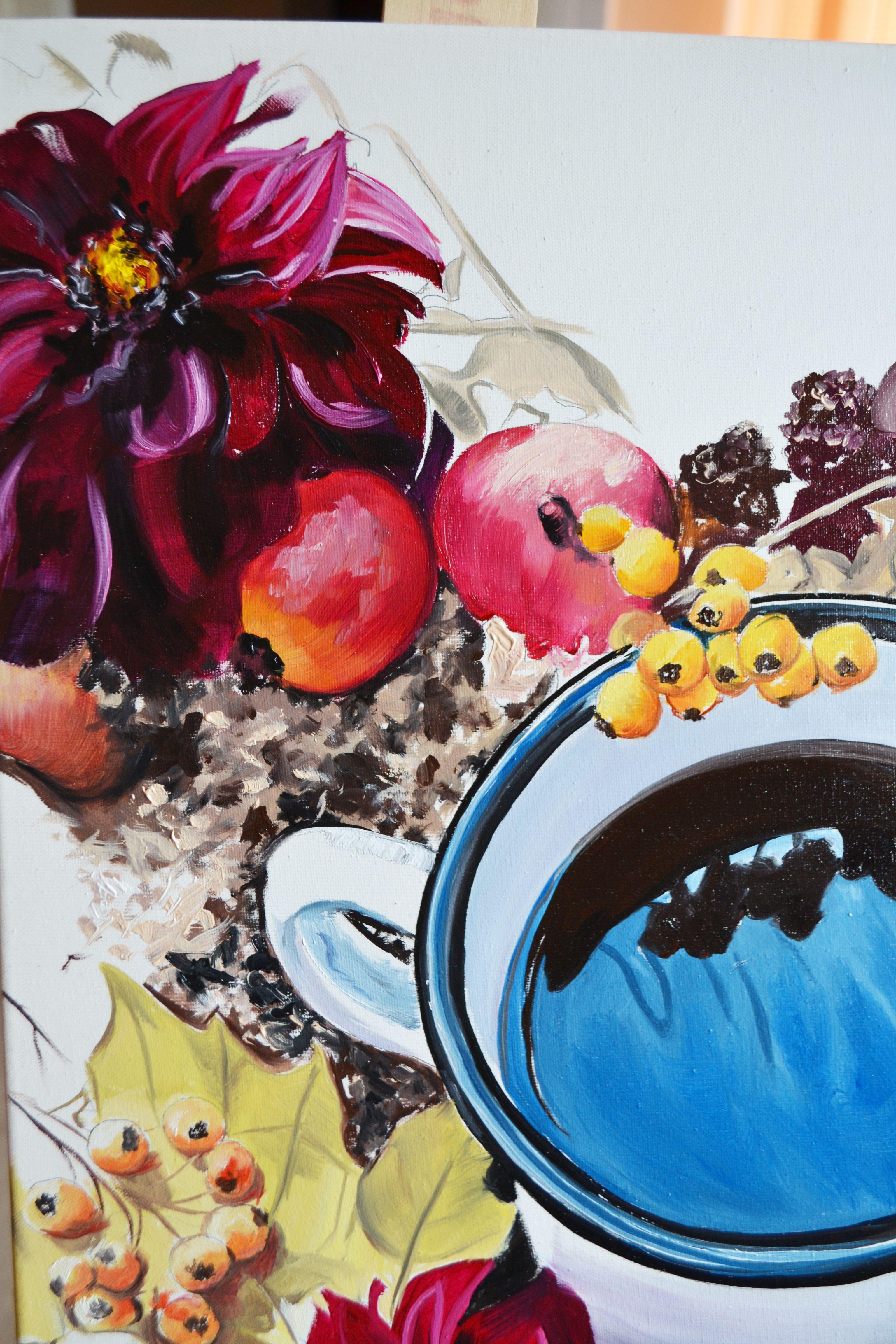 Mulled Wine with Asters, Painting, Oil on Canvas For Sale 2