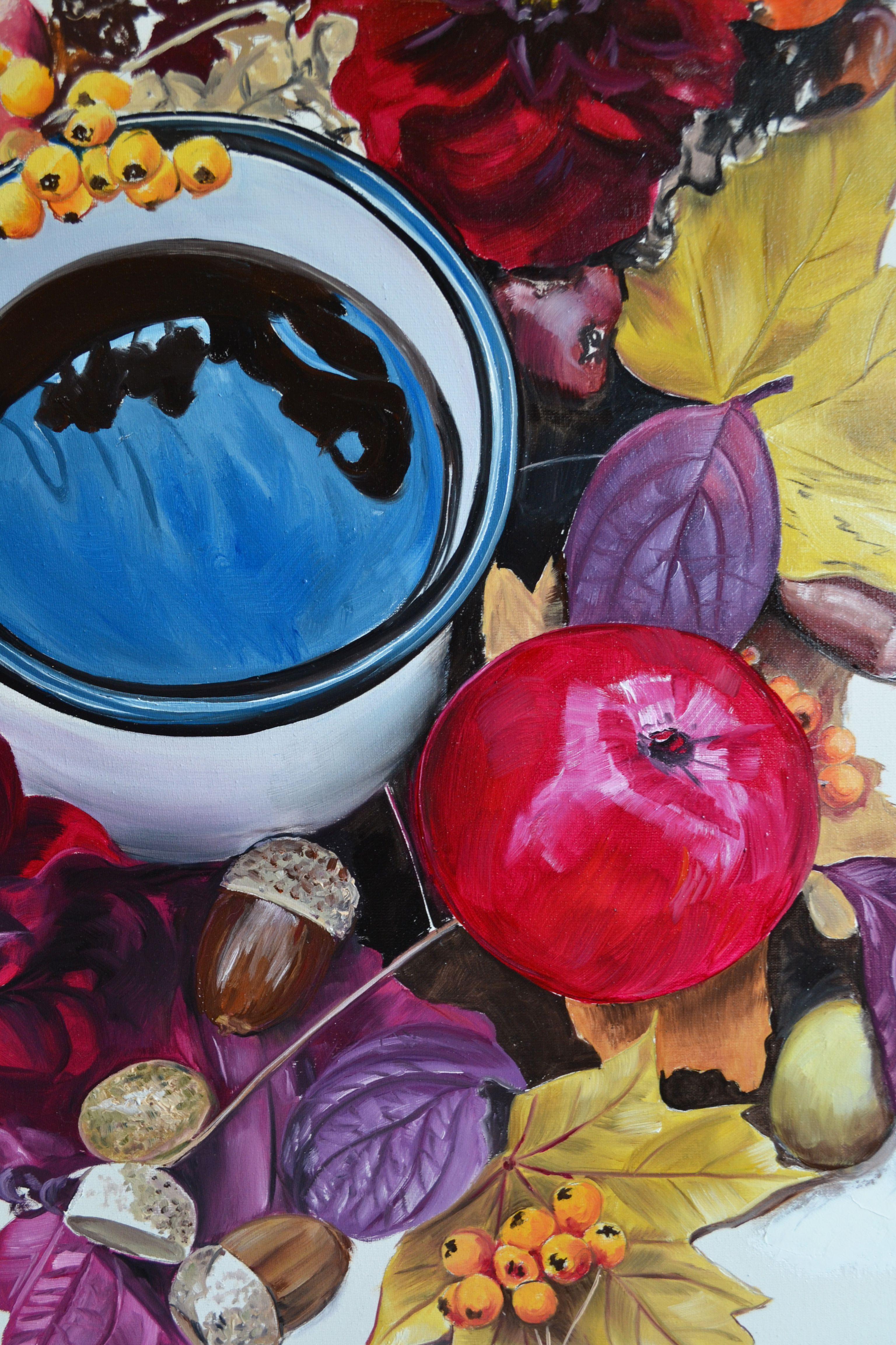 Mulled Wine with Asters, Painting, Oil on Canvas For Sale 4