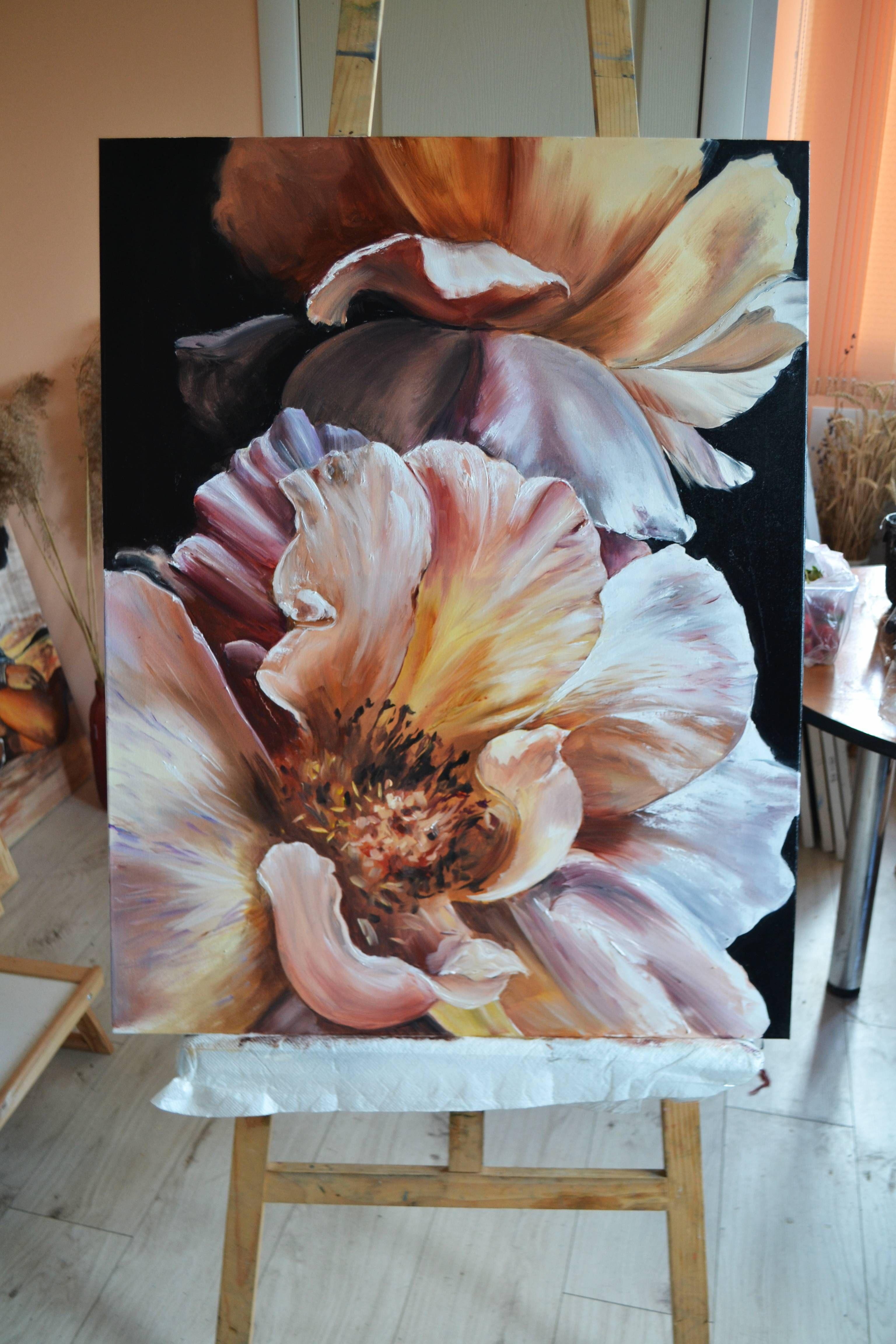 La voz de las peonías, Pintura, Óleo sobre lienzo - Painting Fotorrealista de Valeria Radzievska
