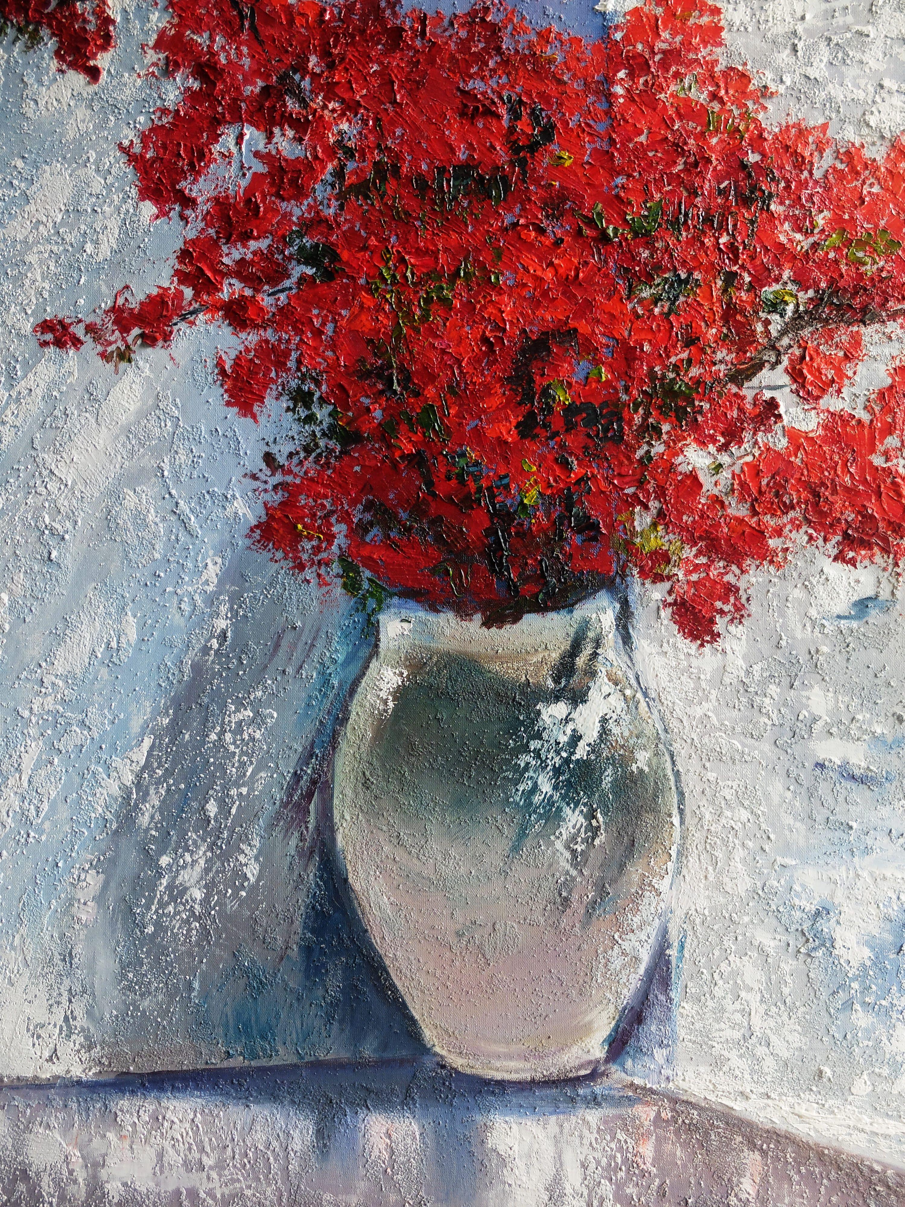 Bright contrast of red flowers and white sunlit wall color makes this picture very energetic. Sunny and bright, it will be a good and beautiful accent in the interior.  Picture is created with oil paints with the use of medium-grained texture paste,