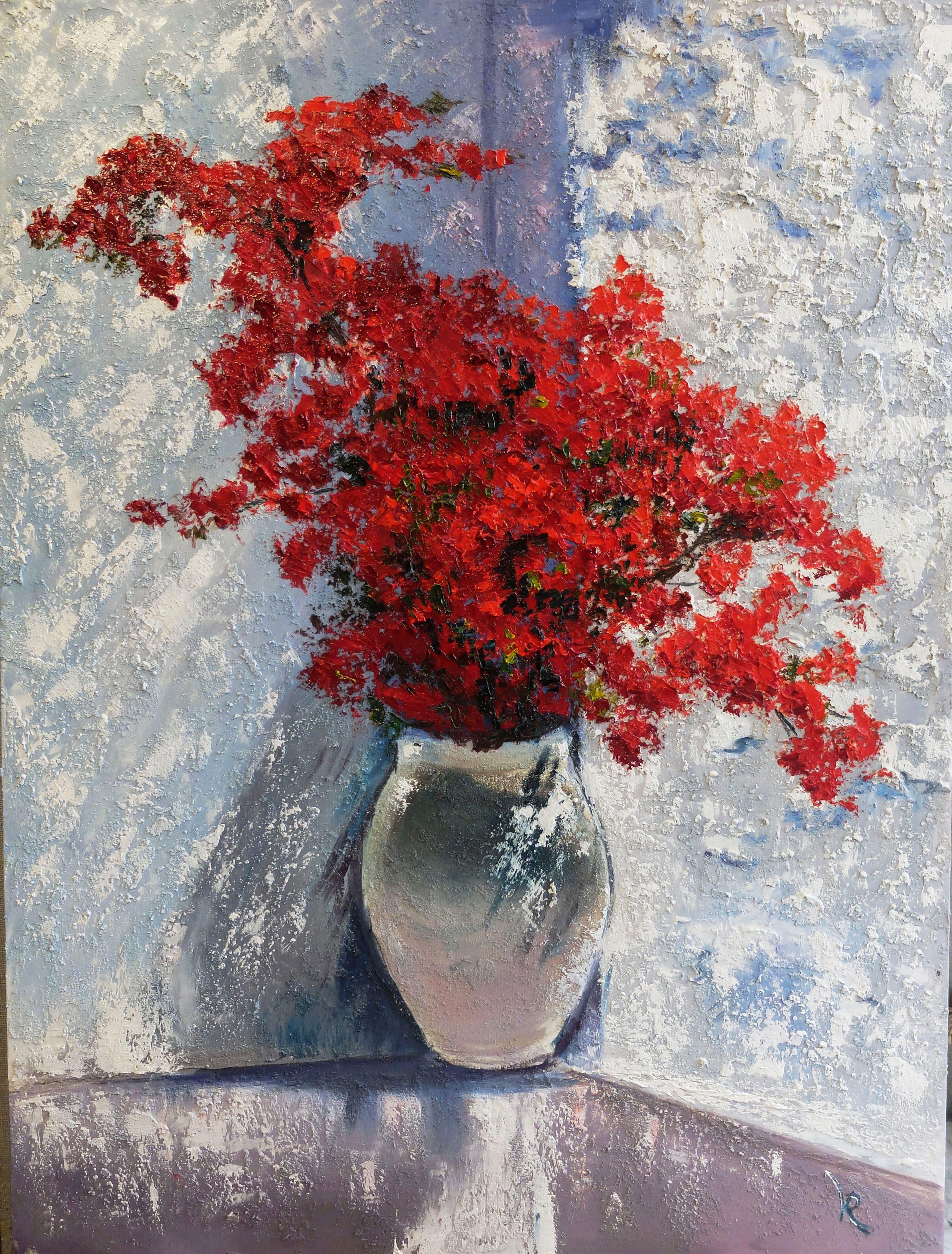 Fiori rossi, Pittura, Olio su tela - Painting di Valeria Radzievska