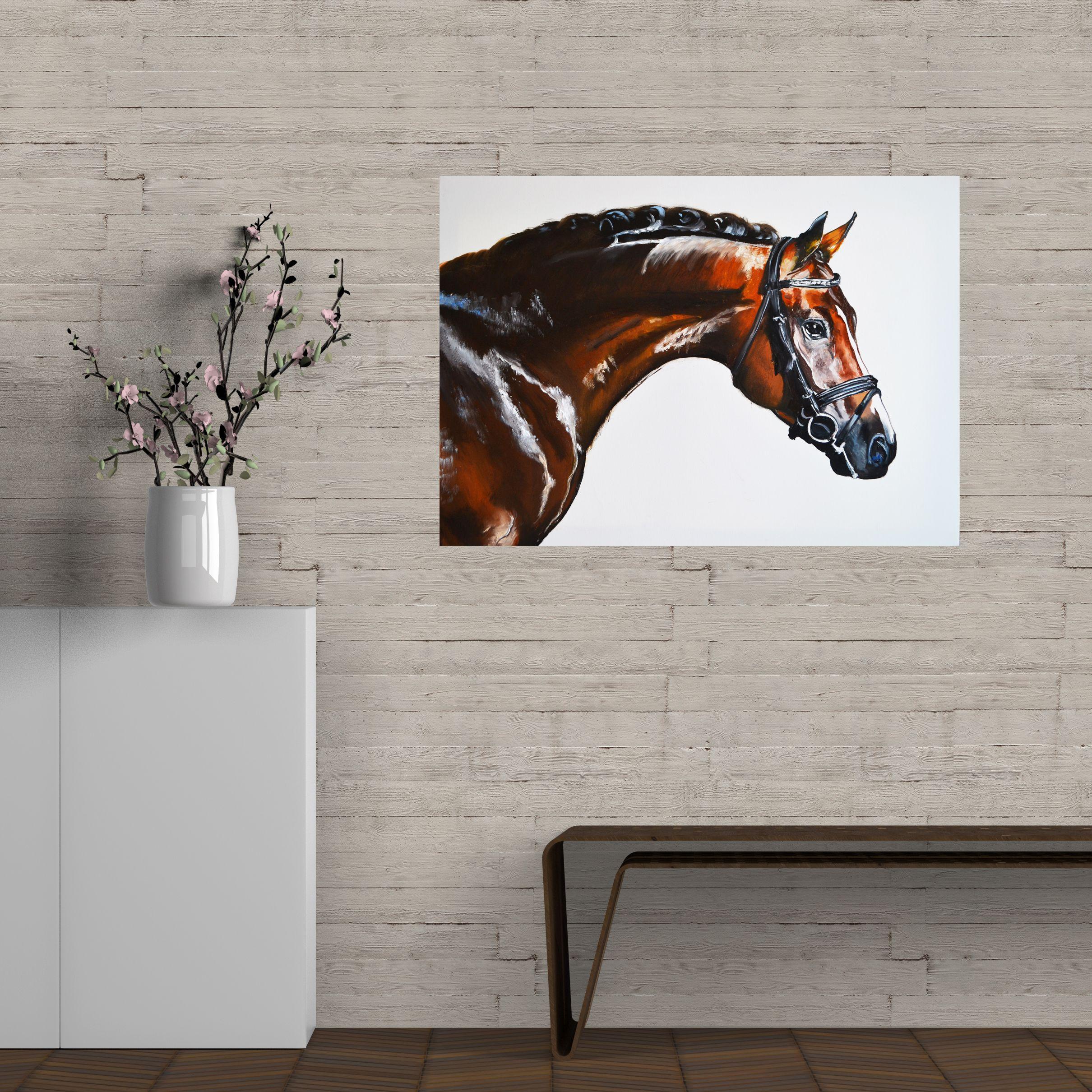 Portrait of a beautiful bay horse with a light reddish-brown coat in profile. The color of his skin is rich and beautiful, it shimmers from warm brown to copper and orange, like chestnut. Glare of light on this clean skin makes you feel its