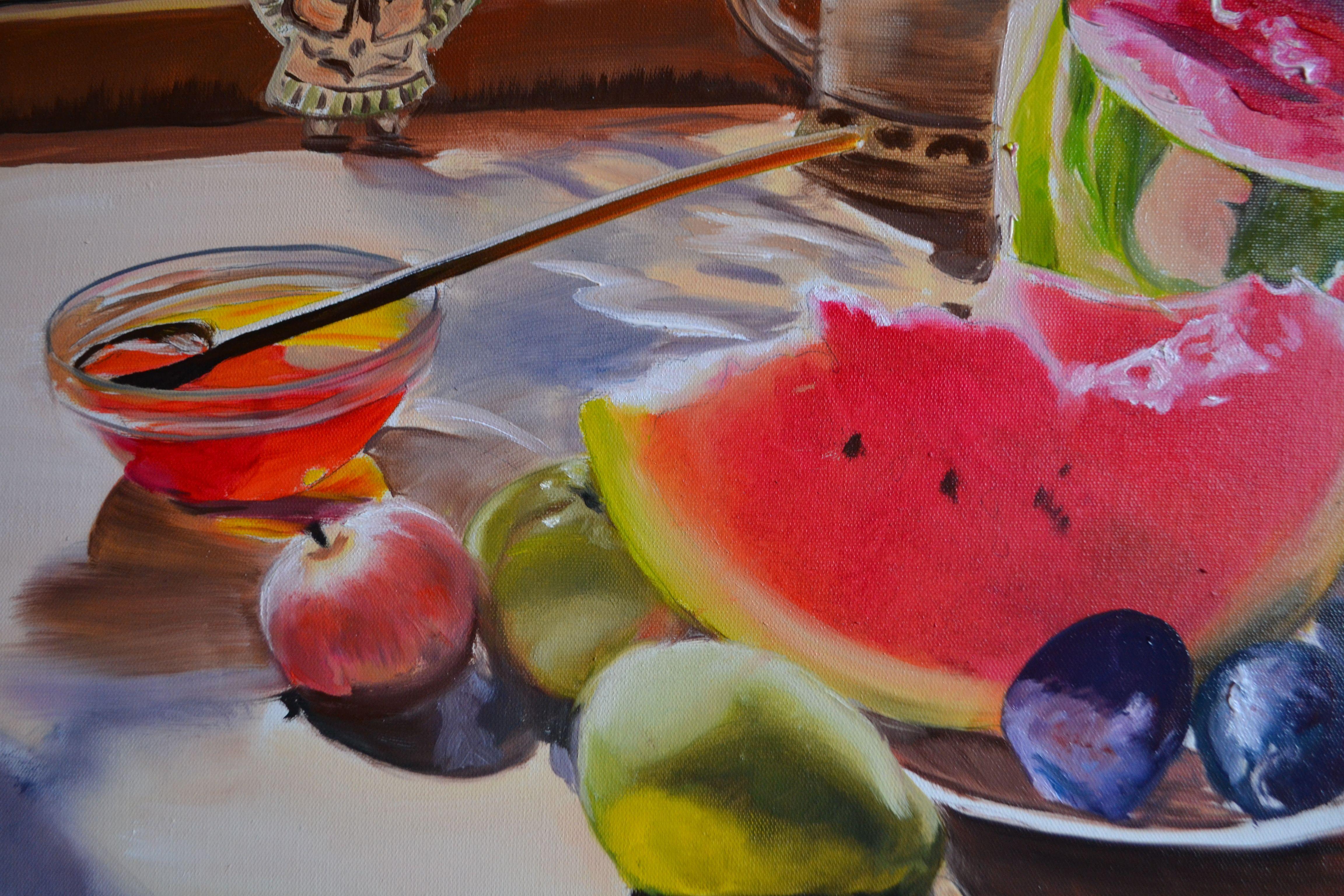 Still life with Watermelon, Painting, Oil on Canvas For Sale 1