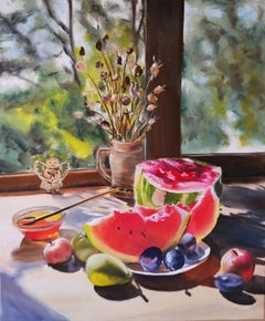 Nature morte avec melon d'eau, peinture, huile sur toile