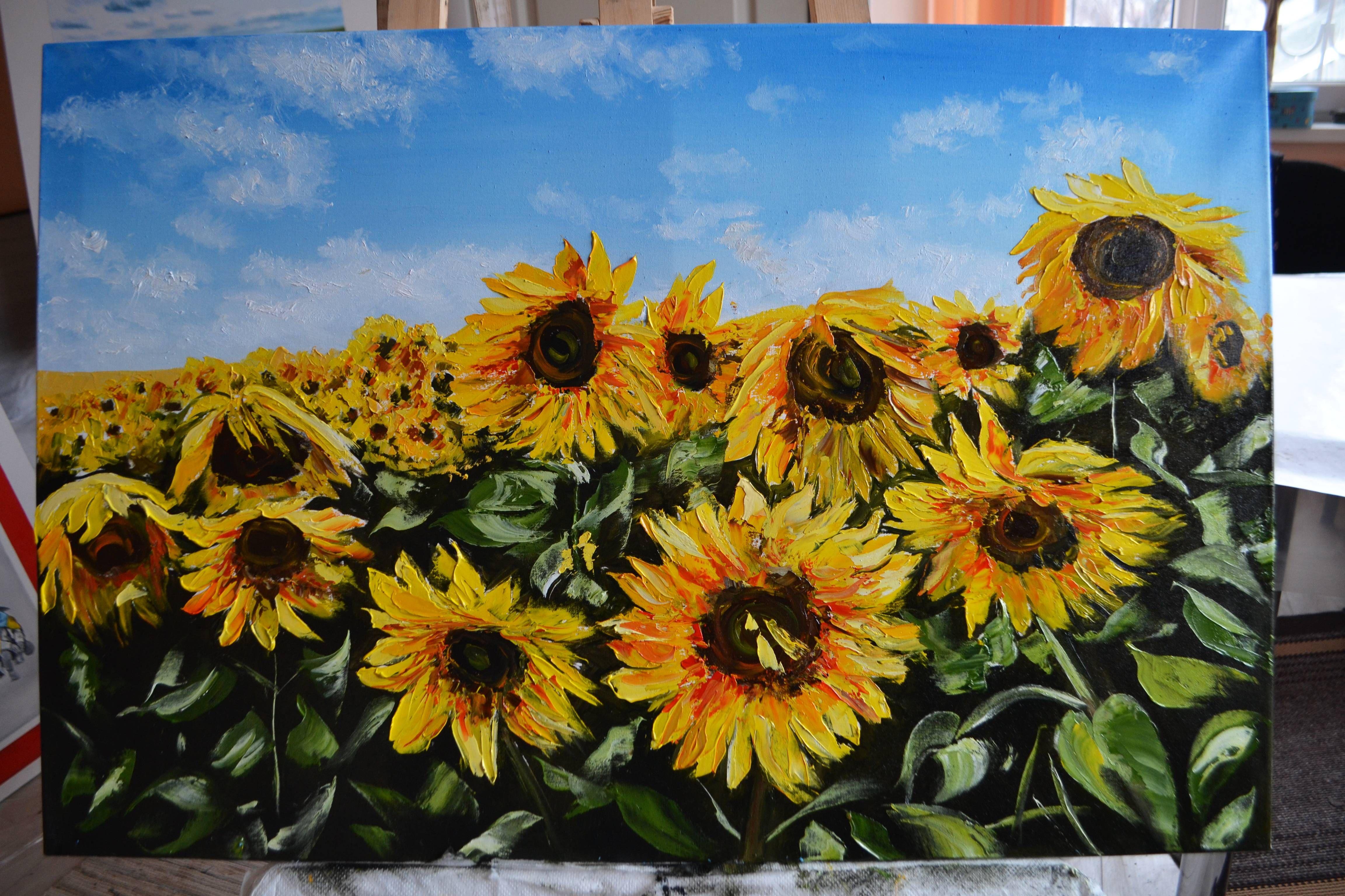 Sunflowers under the Ukrainian Sky, Painting, Oil on Canvas For Sale 2