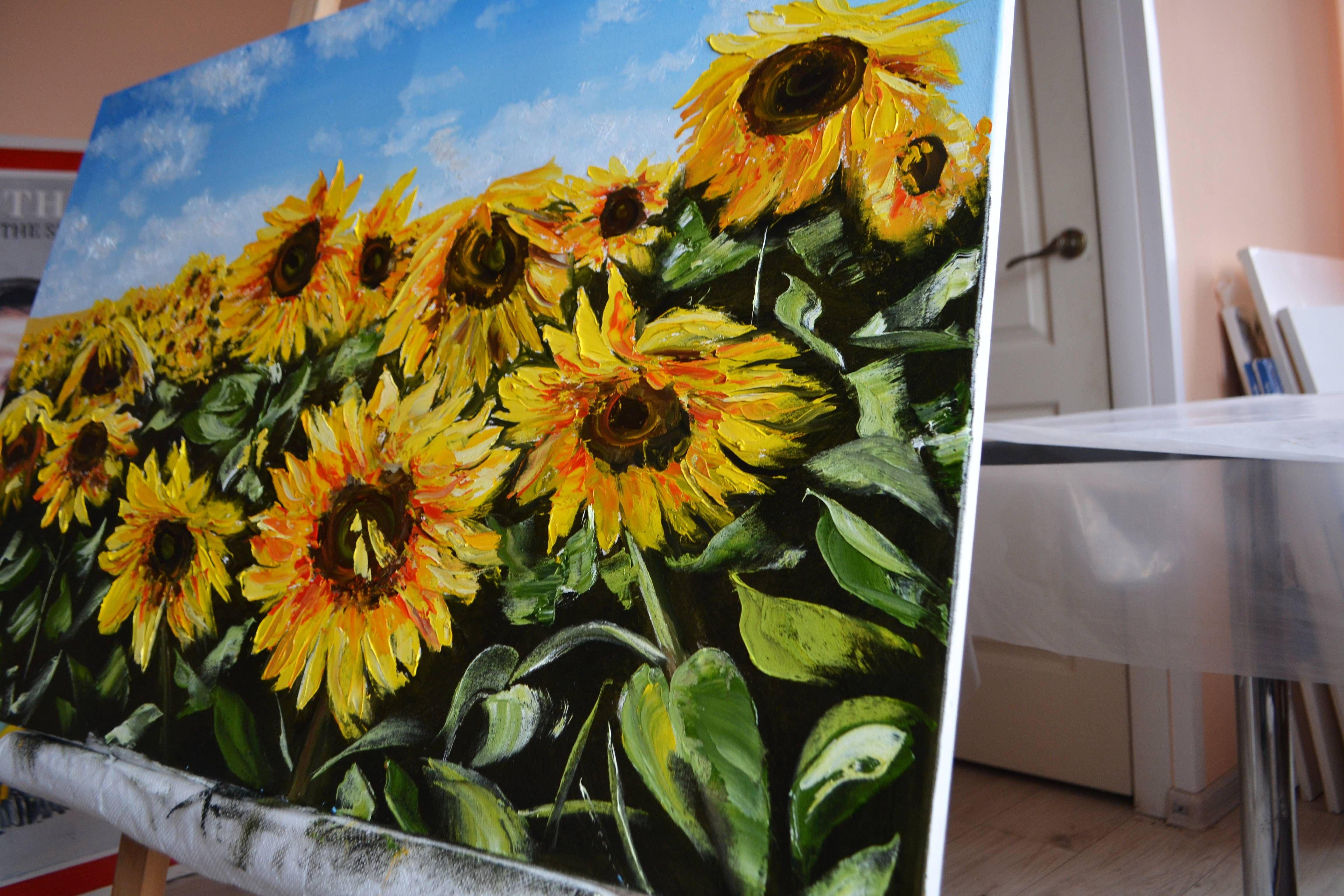 Sunflowers under the Ukrainian Sky, Painting, Oil on Canvas For Sale 4