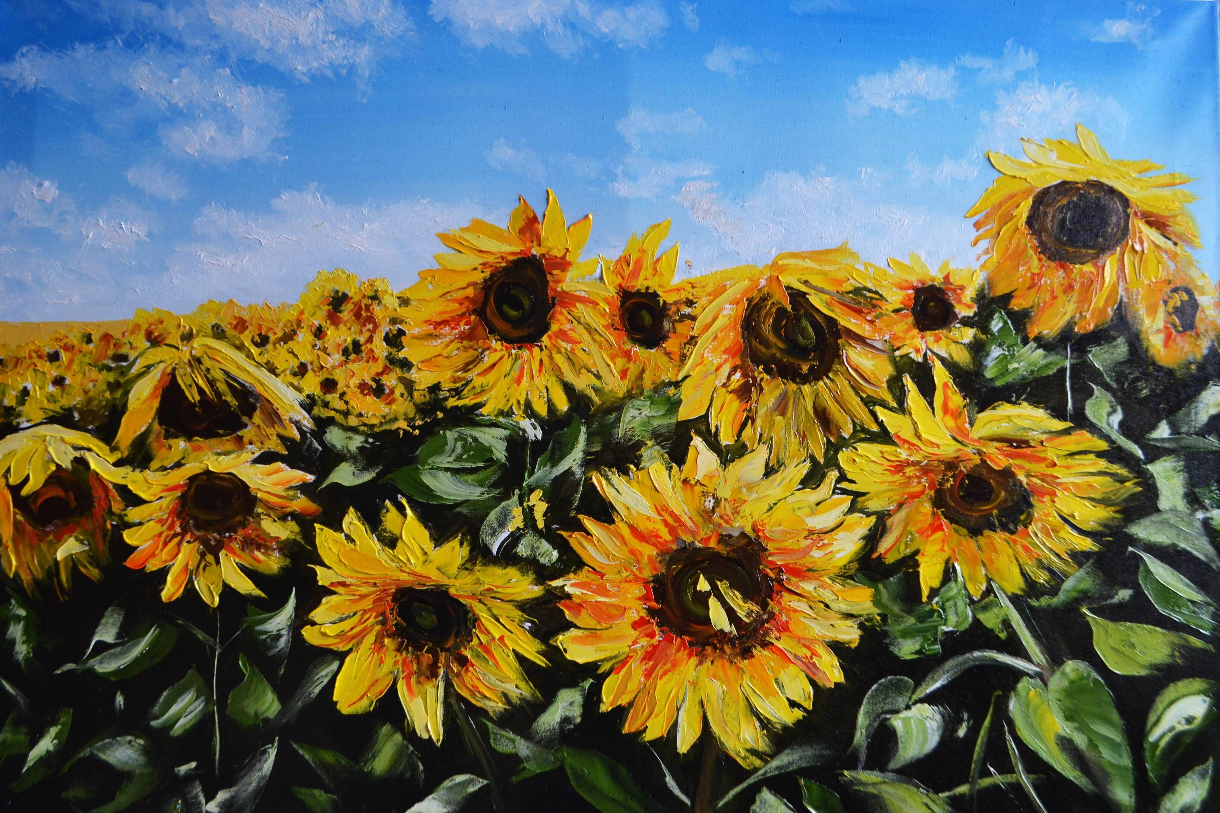 Field of sunflowers under the blue sky. Ukrainian symbol of peace, generosity and happiness.    Oil on a gallery canvas, signed and dated.    Certificate of Authenticity is included.  Gift wrapped.    Ready to hang. The artwork has a hanging system