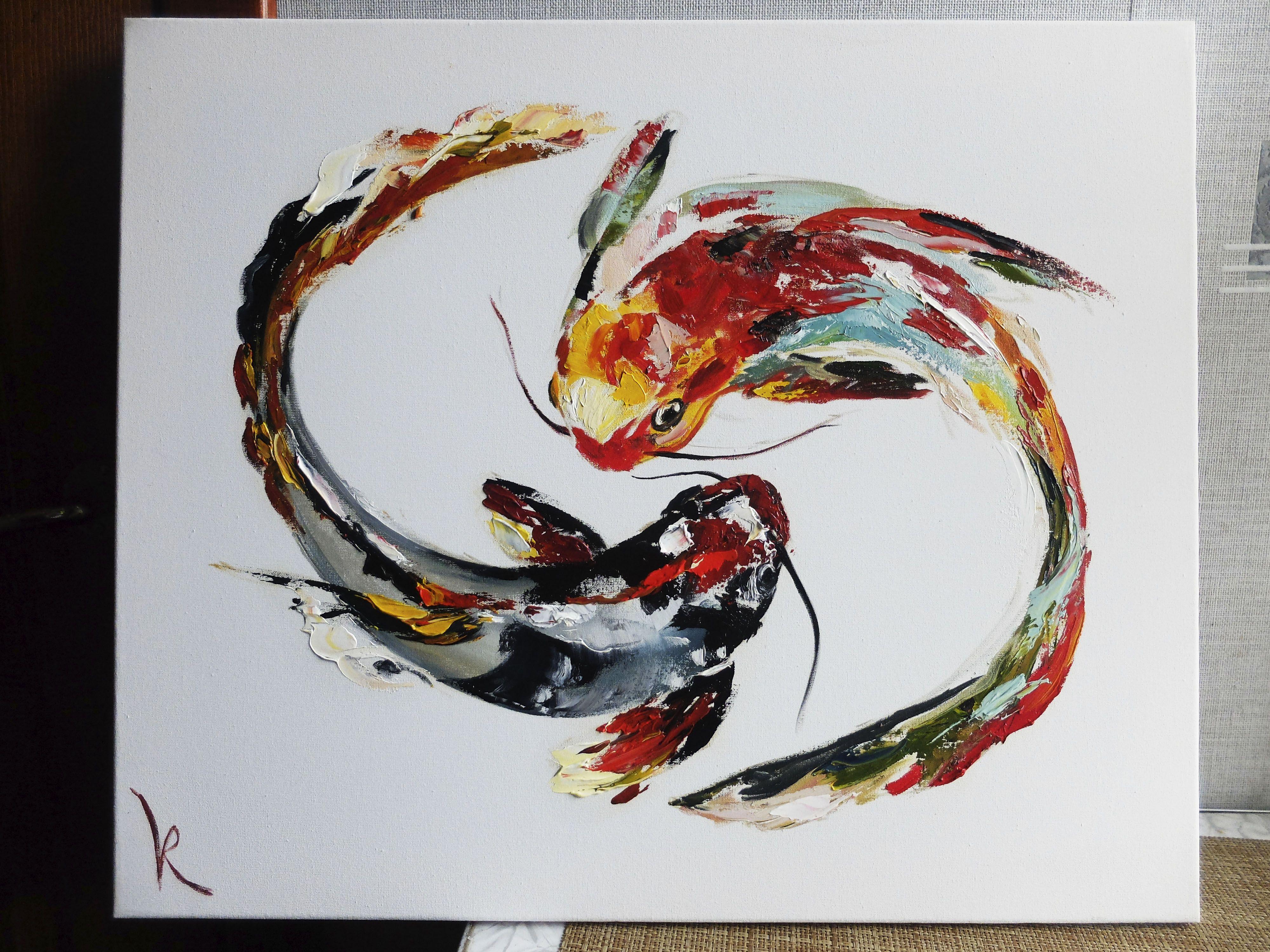 Two bright fishes on a white background create a contrast of colors. Energy of touch, communication, attraction, connection, energy of interaction of two. Two are self-sufficient. They create a new common field, strong and beautiful.  Bold strokes