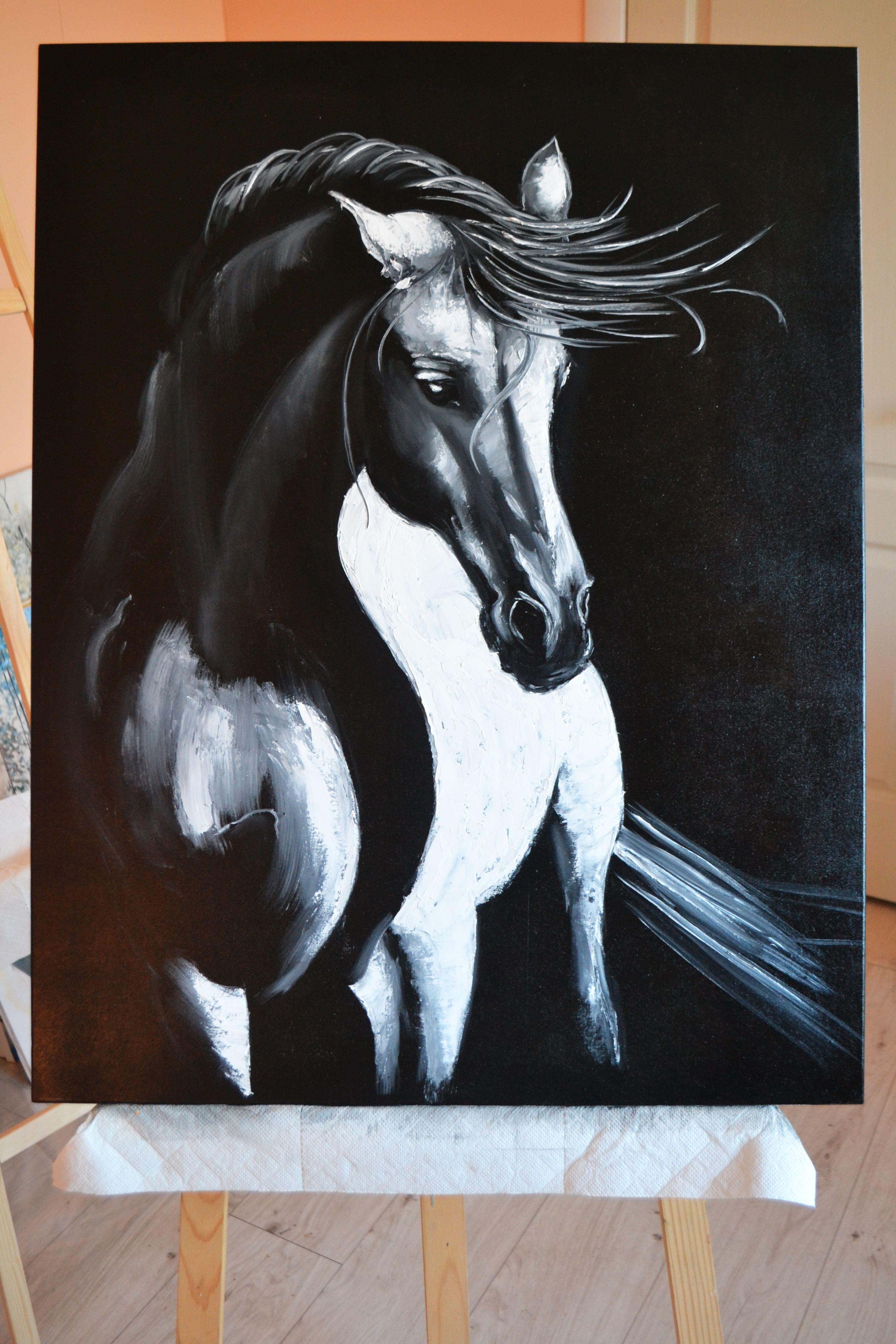 White horse on the dark background. Majestic beautiful horse. Black and white portrait of a horse with a magnificent mane.    Calmness, thoughtfulness, concentration, spirituality.    Side's/ edges of canvas are painted into black.    Oil on a