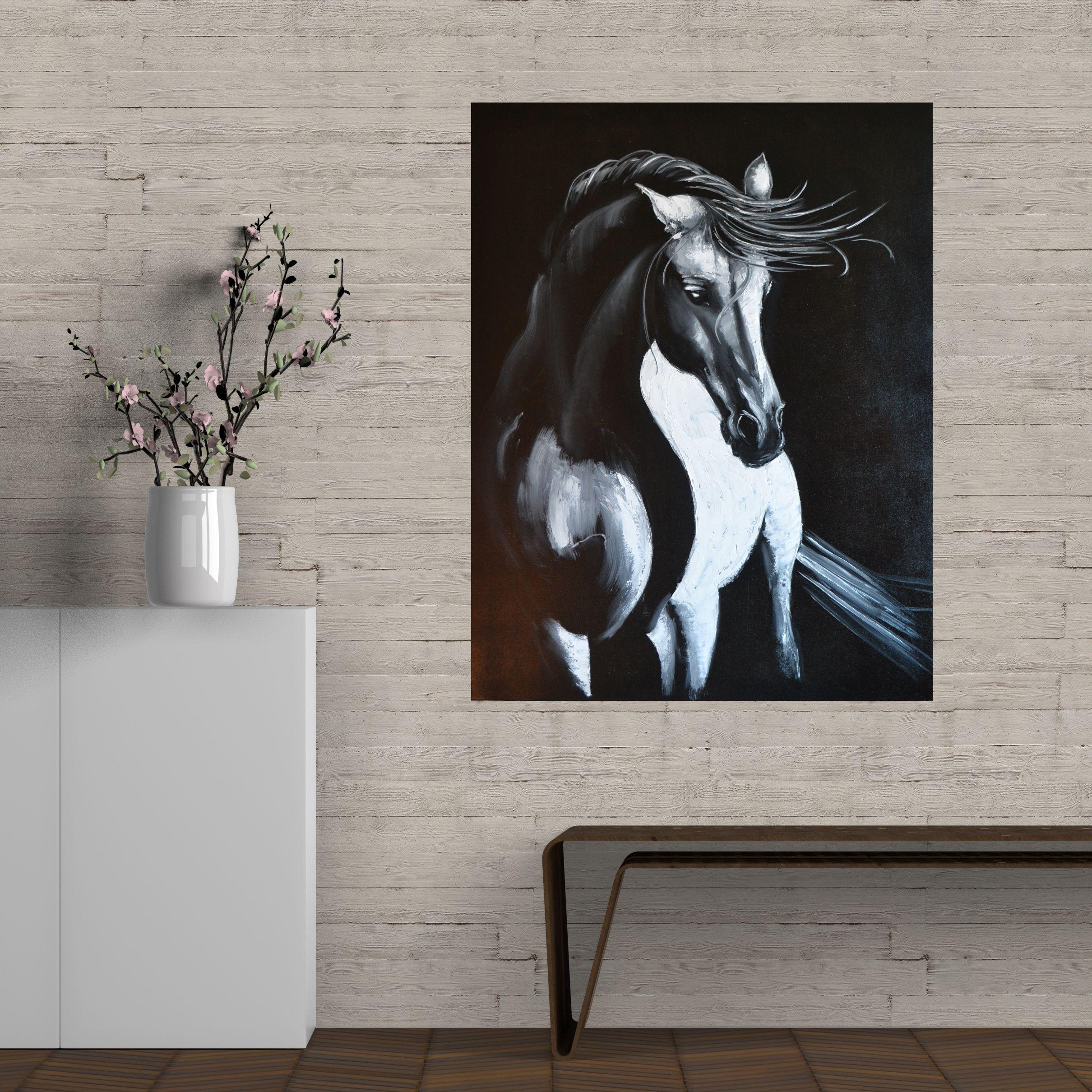 Weißes Pferd: Beleuchtung, Gemälde, Öl auf Leinwand im Angebot 2