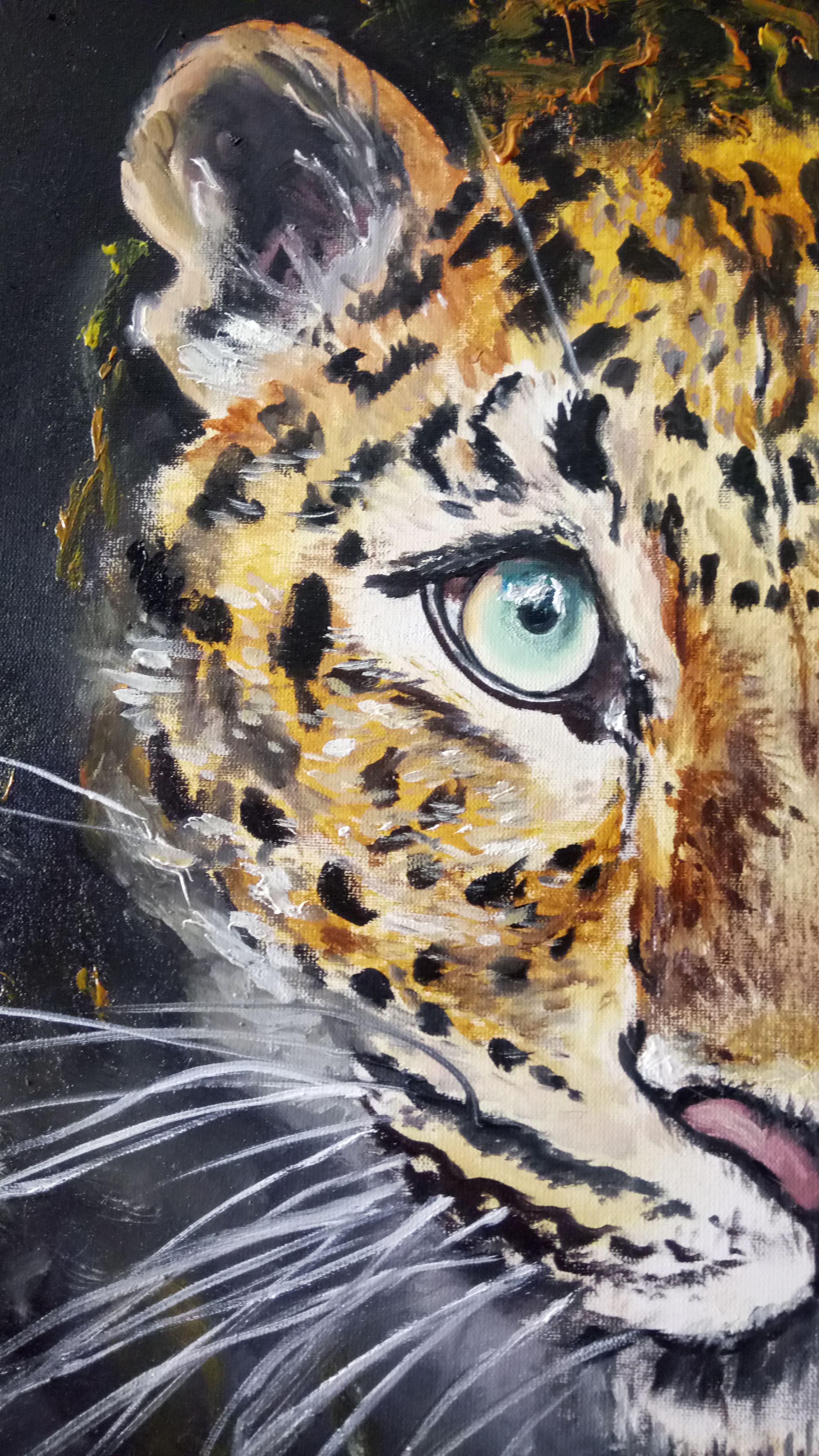 Portrait of one of the most beautiful wild cats - a leopard. He is depicted on a dark background, entering the white space, as if through a door. This enhances the effect of realism.  Animal, leopard, tiger, wildlife, jungle.    This original