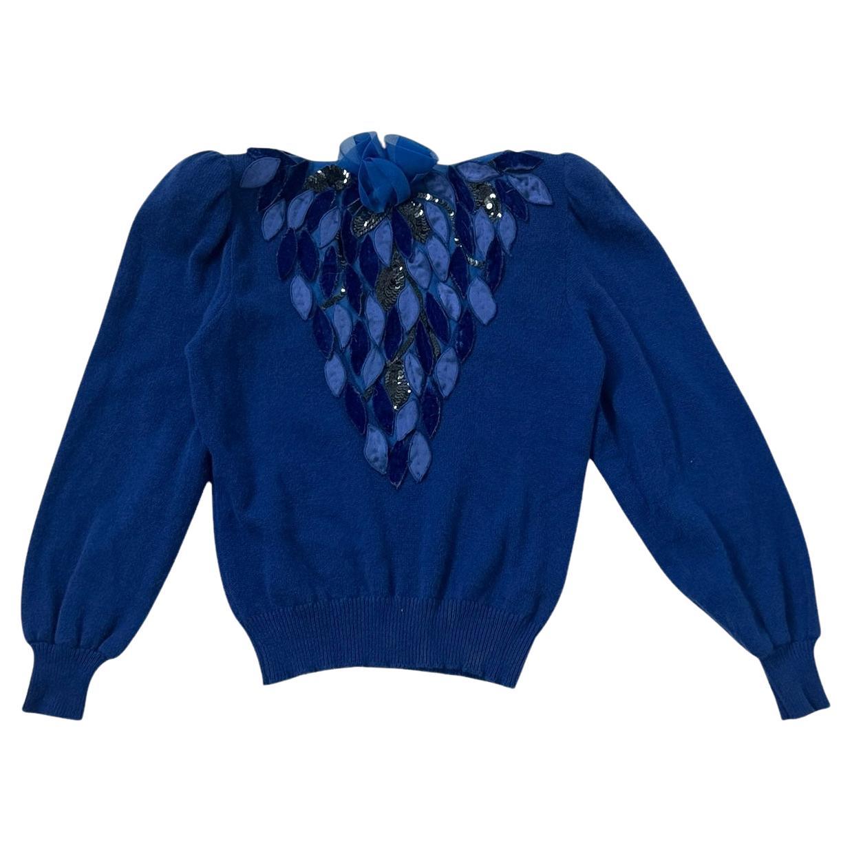 "Valeria Zaccarelli for Gio Moretti" Hand-Embroidered Blue Wool Sweater For Sale