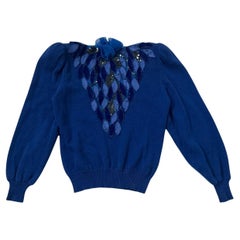 "Valeria Zaccarelli for Gio Moretti" Pull en laine bleue brodée à la main