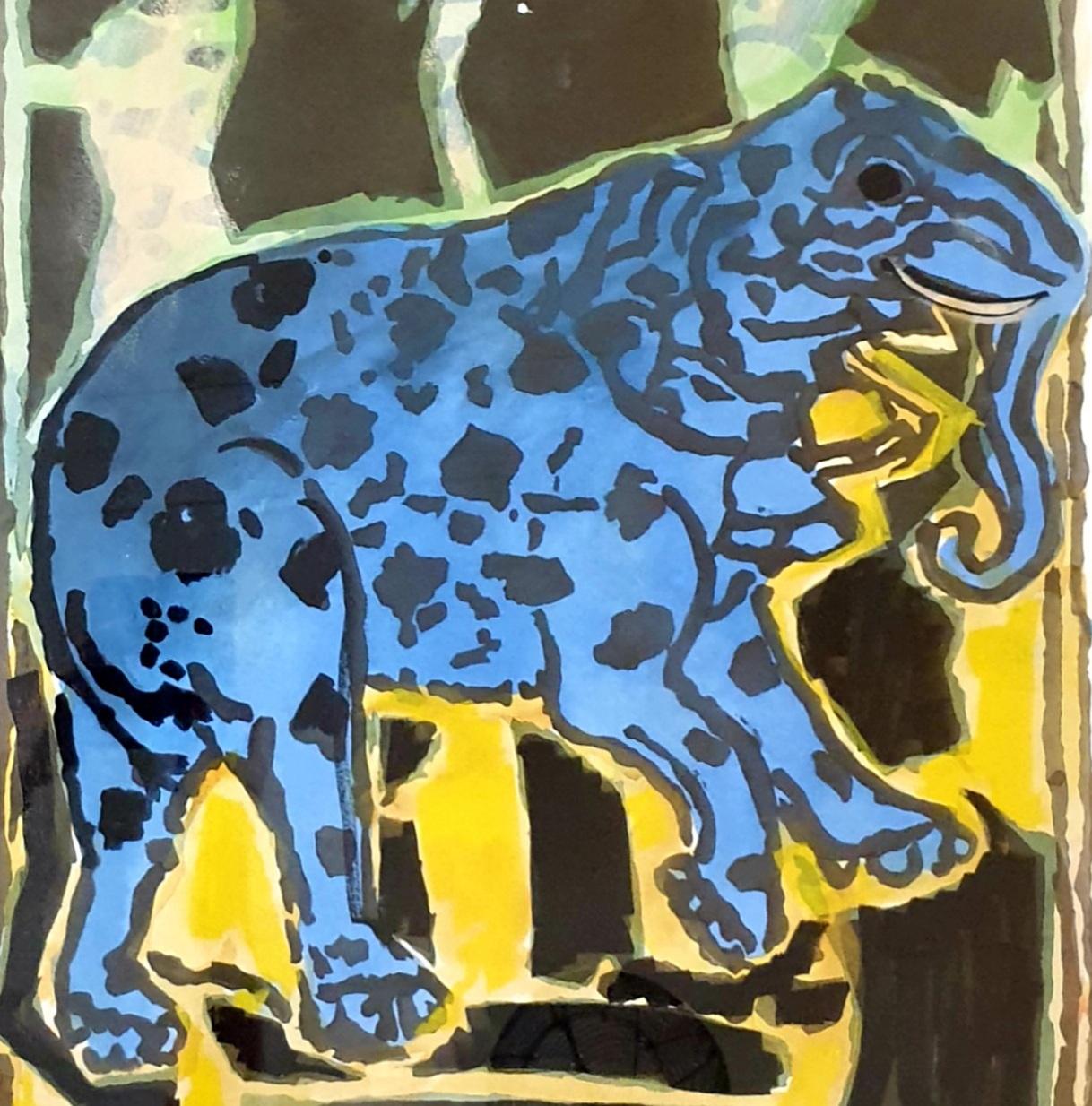 The Blue Elephant. Mid-Century Gouache on Handmade Paper. For Sale 7