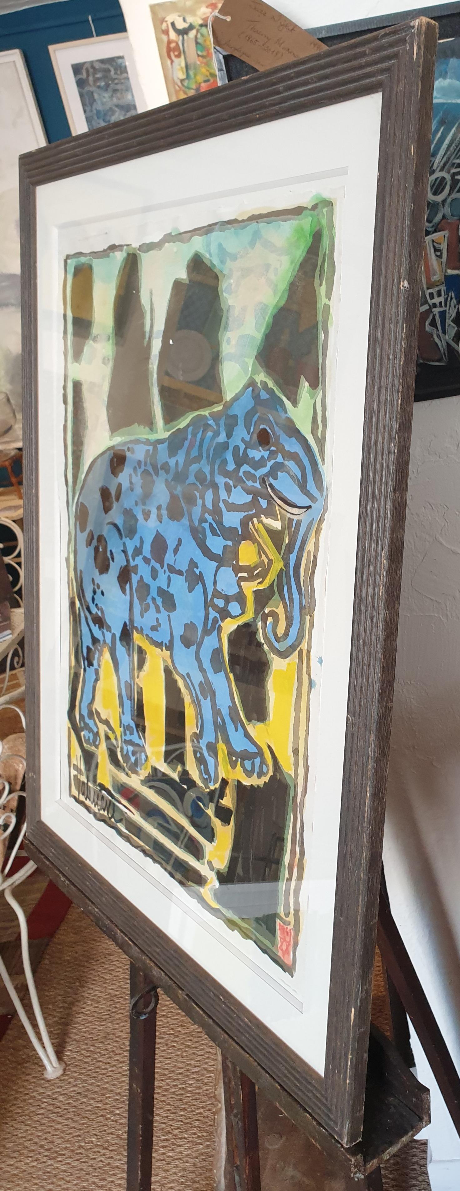 The Blue Elephant. Mid-Century Gouache on Handmade Paper. For Sale 8
